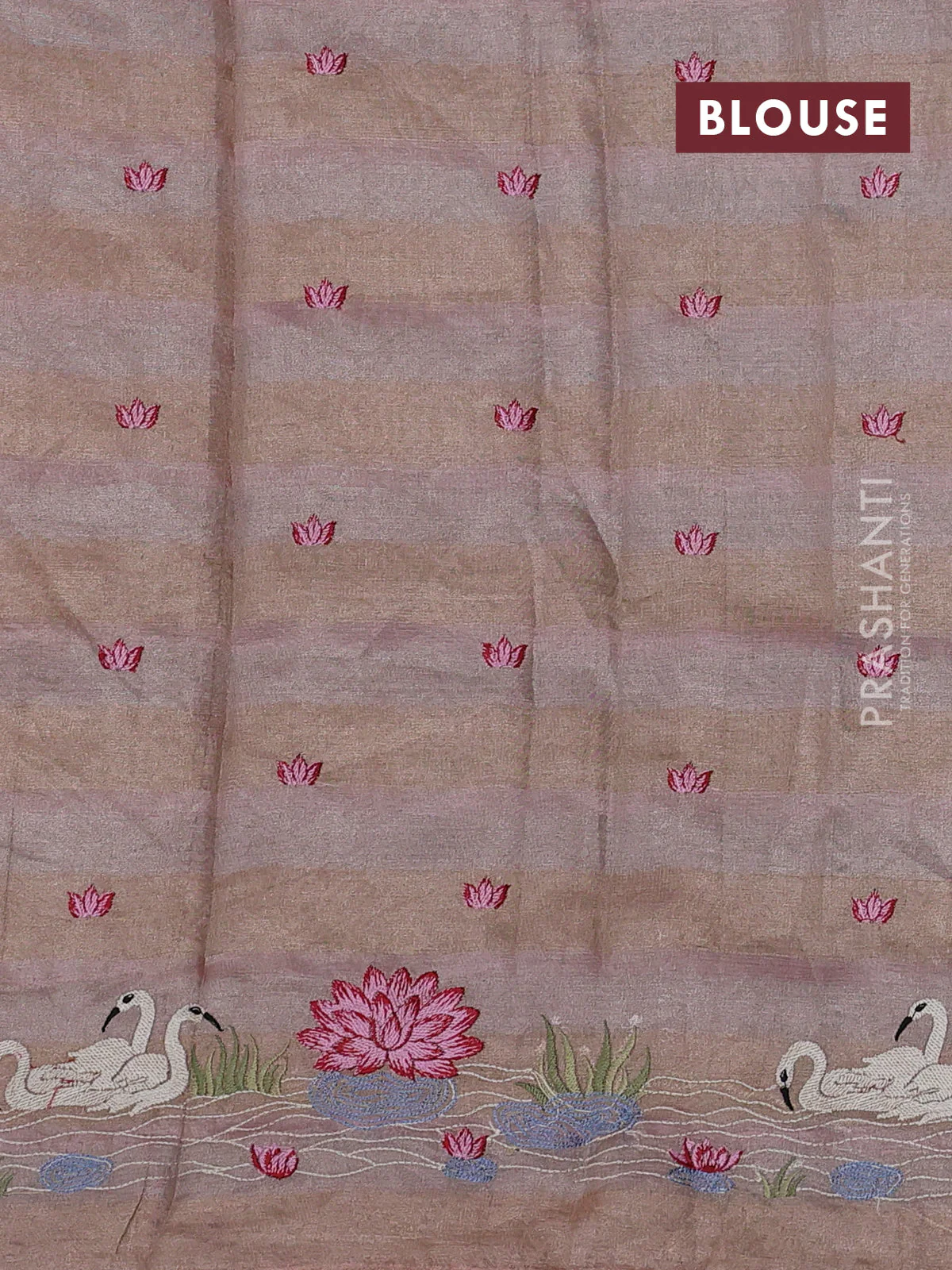 Pure tissue silk saree pastel peach pink with allover stripe pattern and embroidery border - Image 4