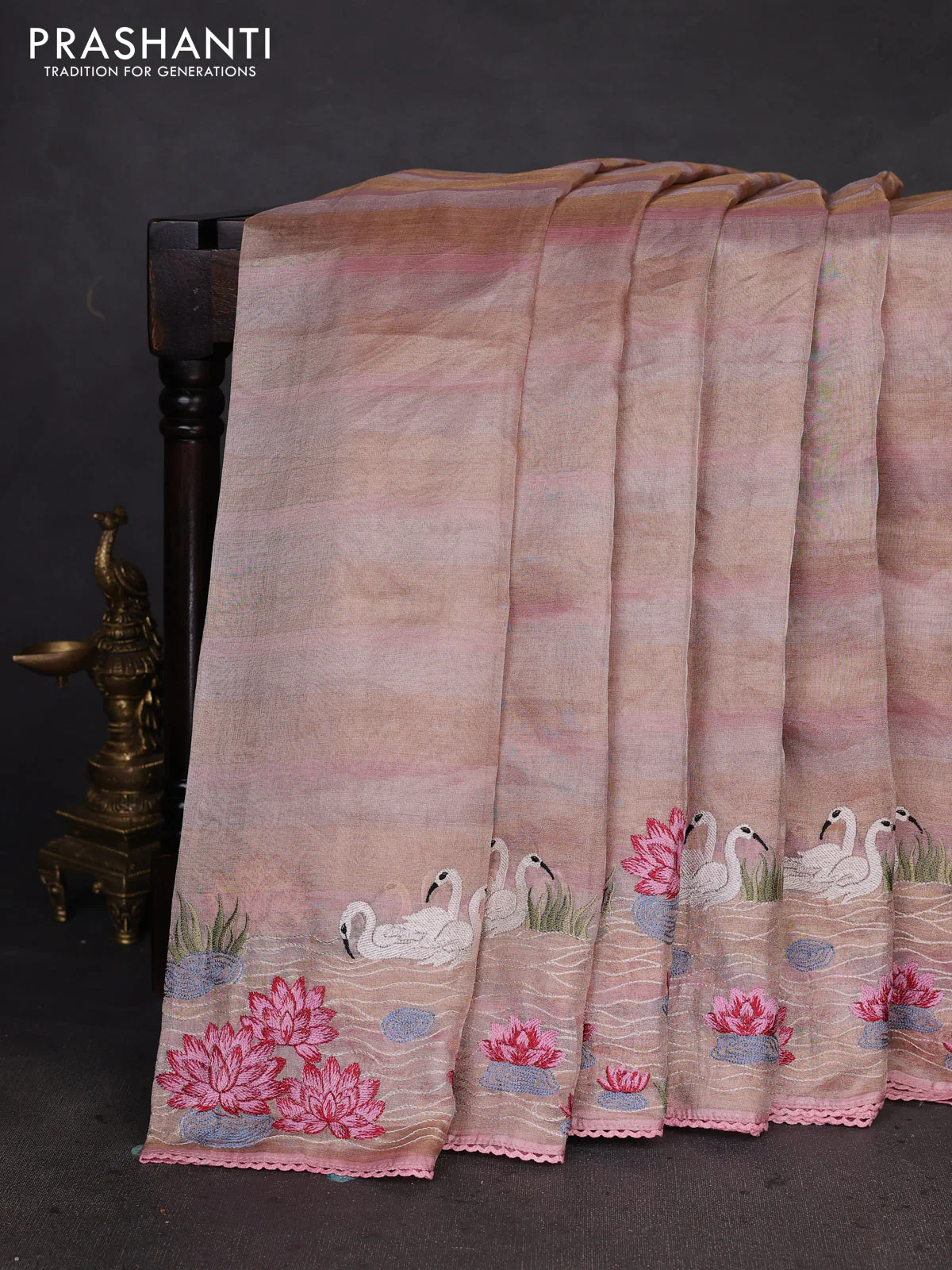 Pure tissue silk saree pastel peach with allover stripe pattern and embroidery border - Image 2
