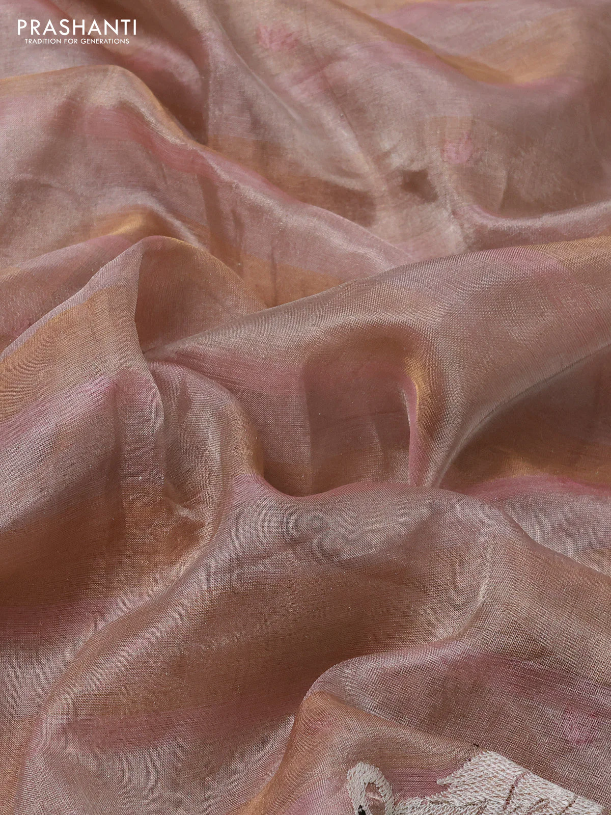 Pure tissue silk saree pastel peach with allover stripe pattern and embroidery border - Image 3