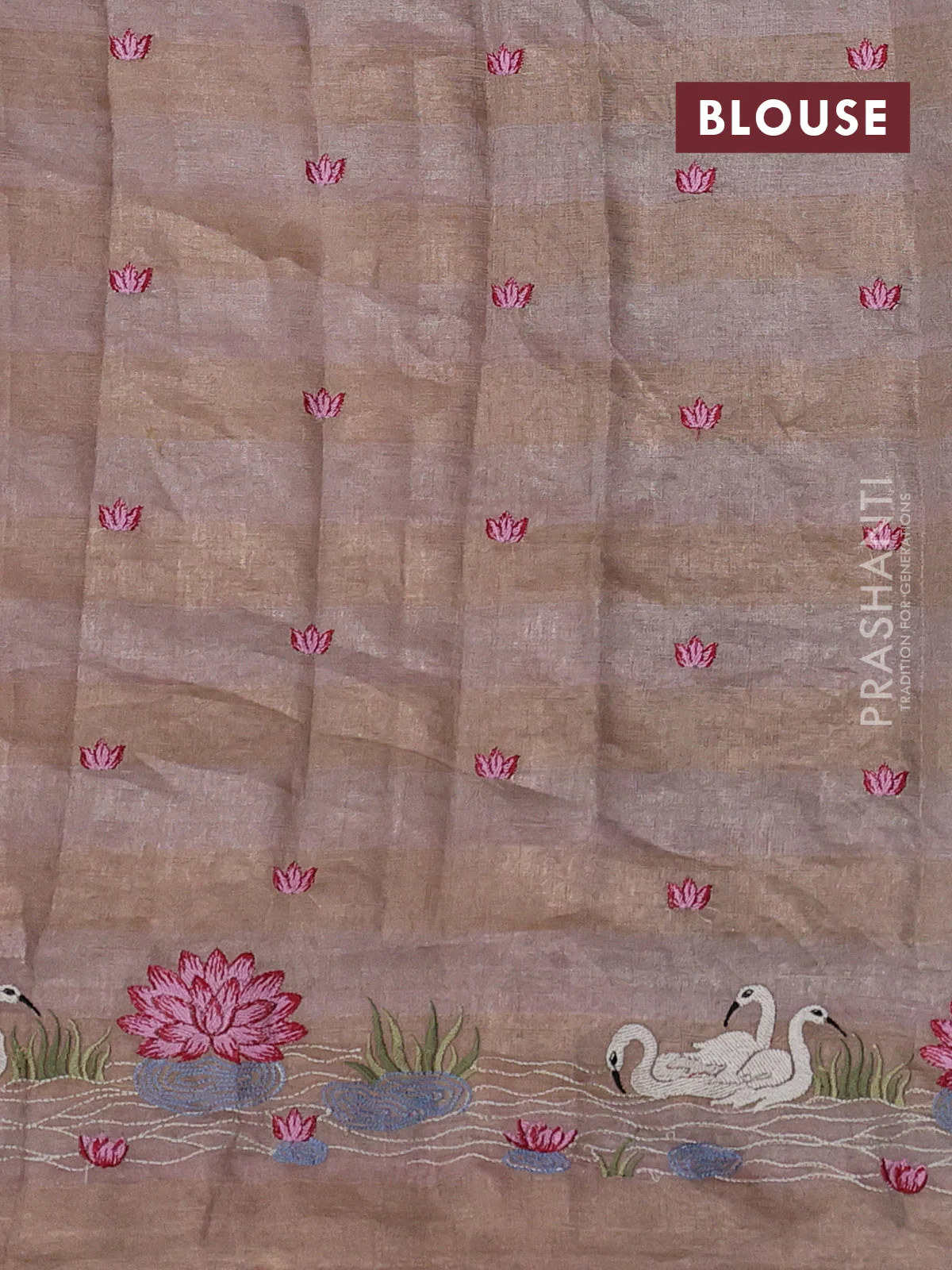Pure tissue silk saree pastel peach with allover stripe pattern and embroidery border - Image 4