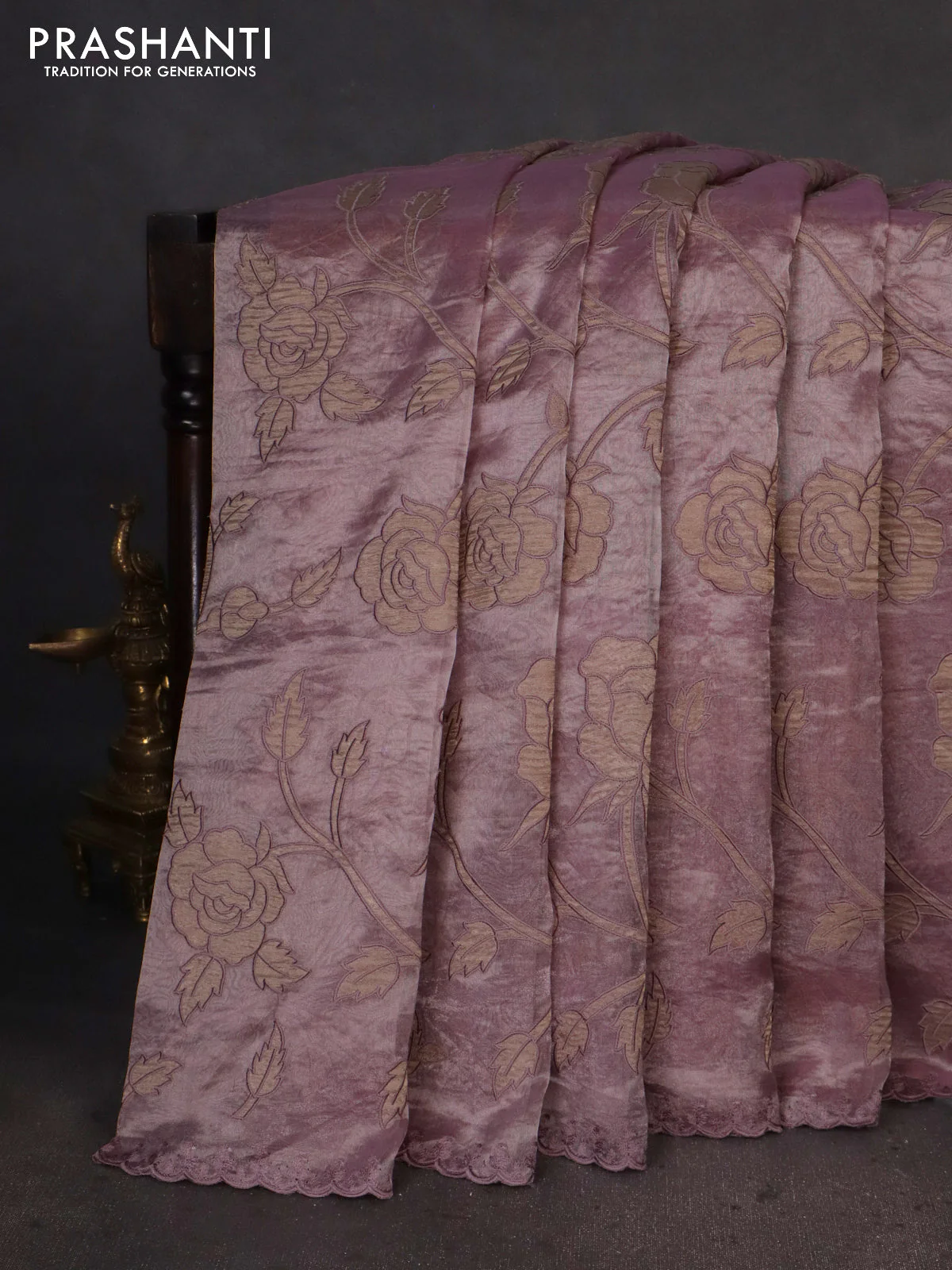 Pure tissue silk saree pastel pink with allover floral embroidery applique work and embroidery scallop border - Image 2