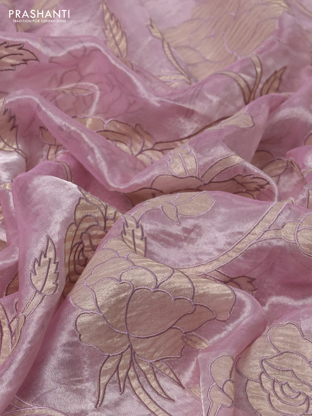 Pure tissue silk saree pastel pink with allover floral embroidery applique work and embroidery scallop border - Image 3