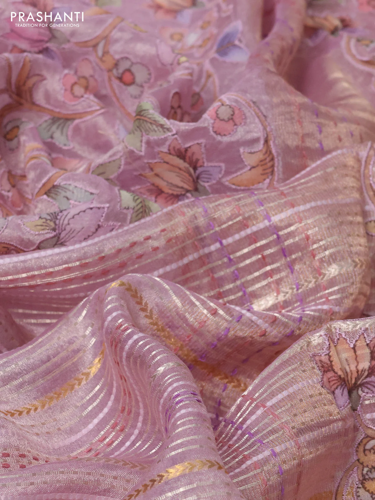 Pure tissue silk saree pastel pink with half & half style kalamkari applique - Image 3