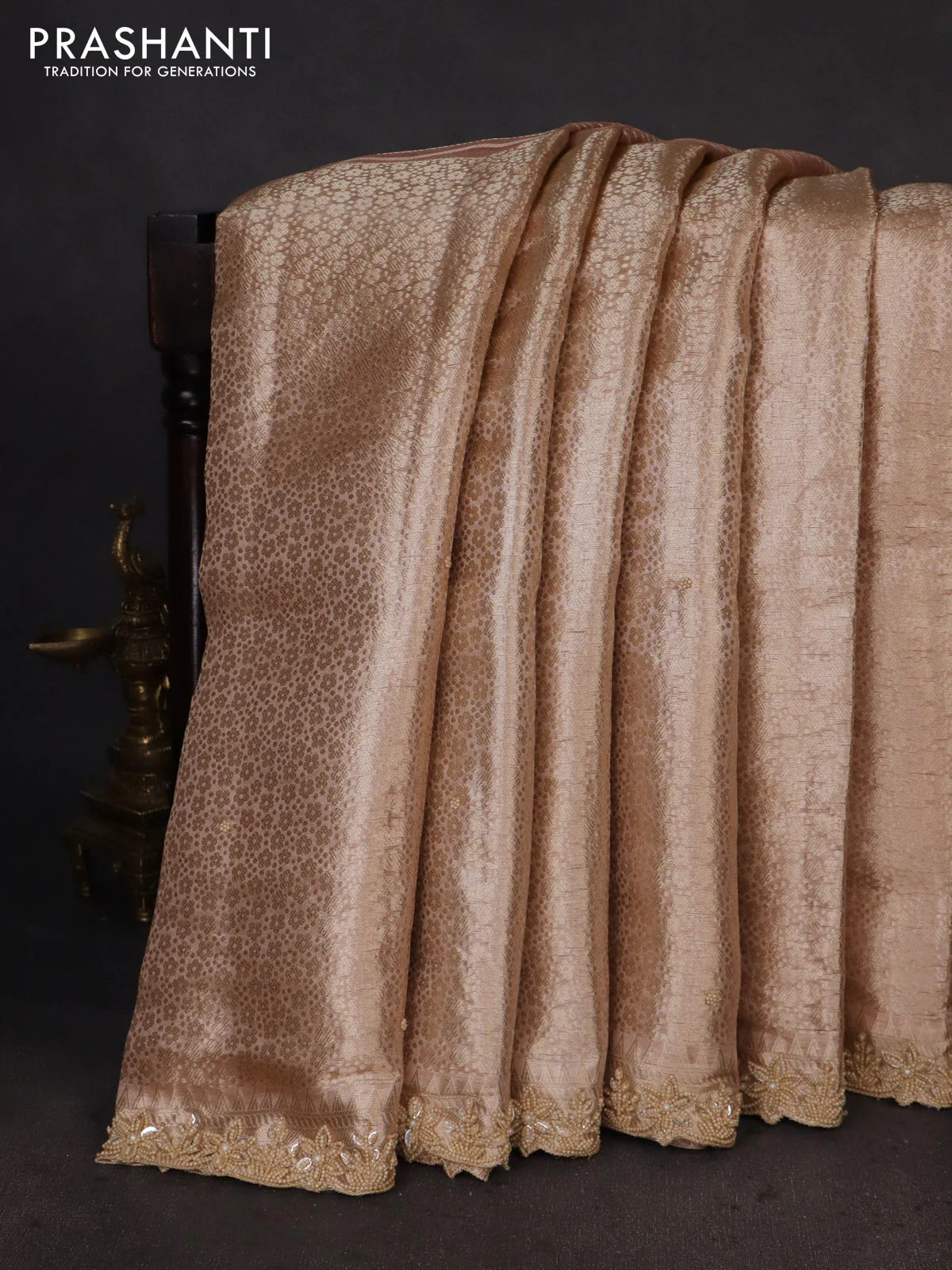 Pure tissue silk saree peach shade with Half & half style zari weaves and beaded work border - Image 2