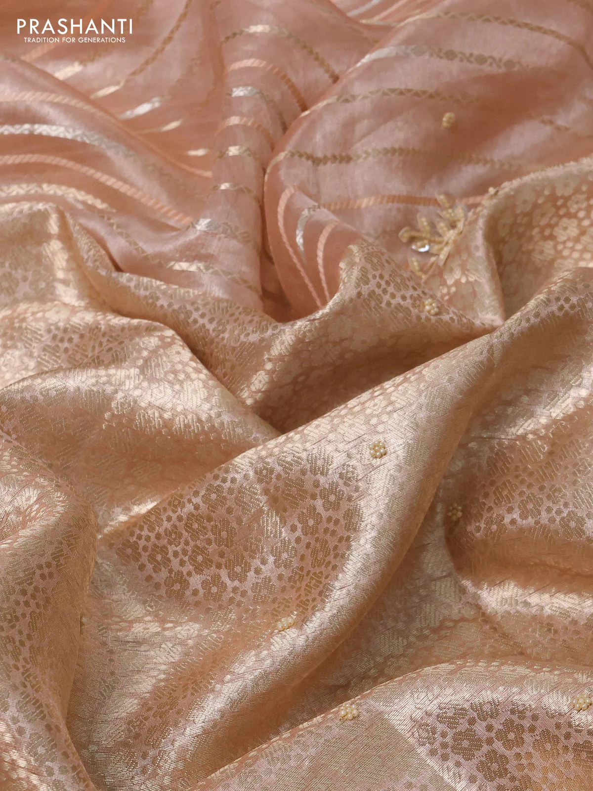 Pure tissue silk saree peach shade with Half & half style zari weaves and beaded work border - Image 3