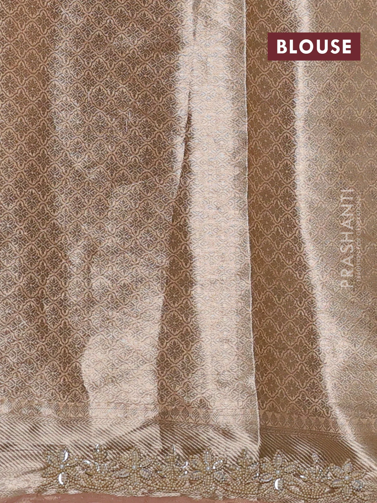 Pure tissue silk saree peach shade with Half & half style zari weaves and beaded work border - Image 4