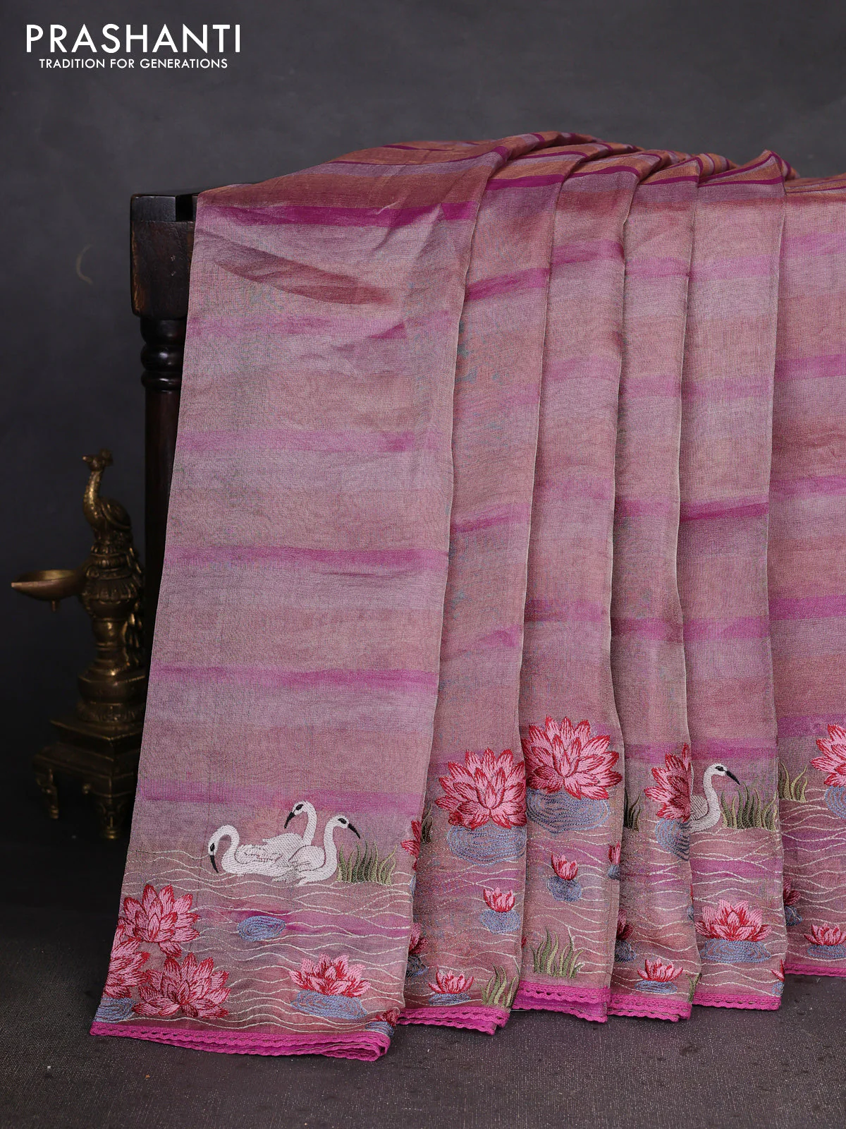 Pure tissue silk saree pink with allover stripe pattern and embroidery border - Image 2
