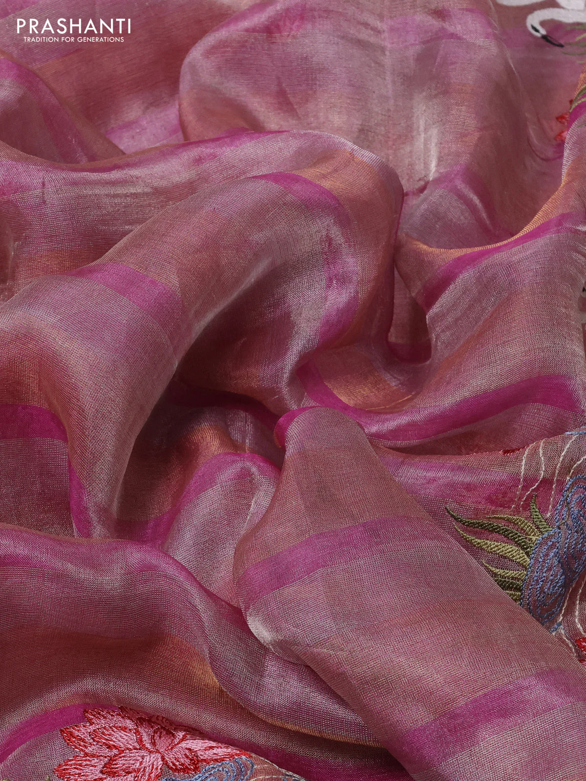 Pure tissue silk saree pink with allover stripe pattern and embroidery border - Image 3