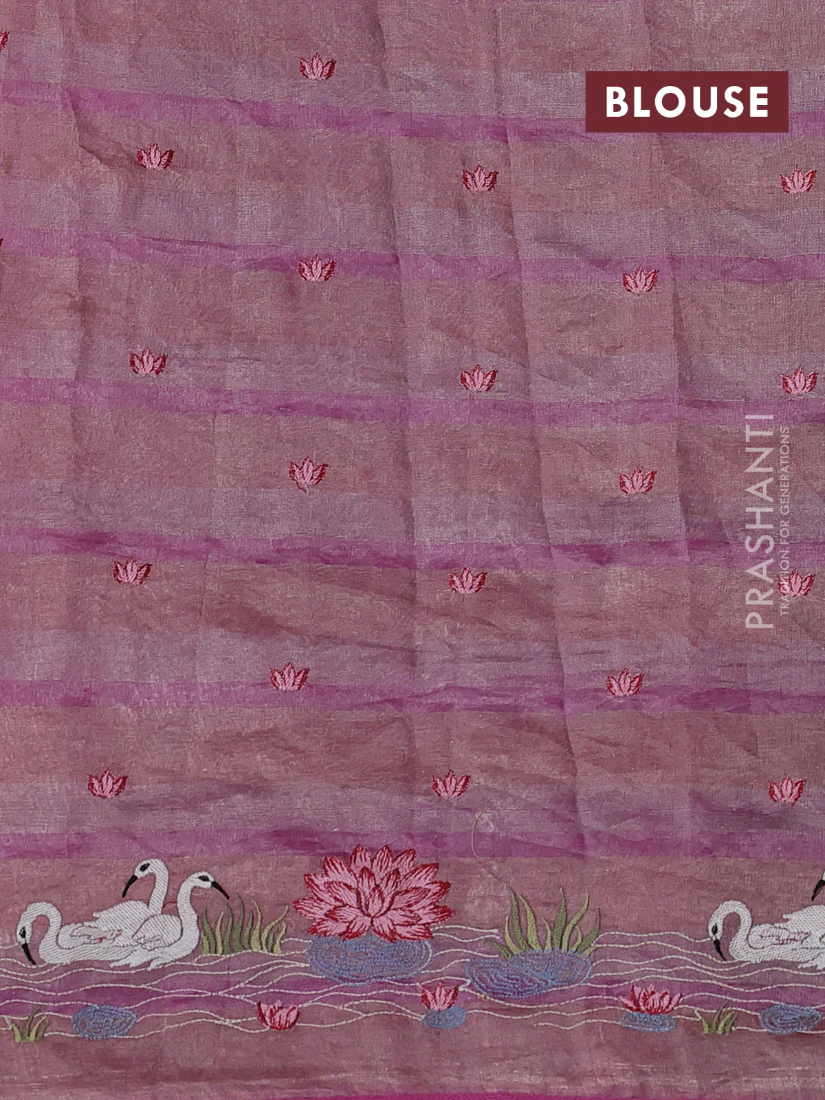Pure tissue silk saree pink with allover stripe pattern and embroidery border - Image 4