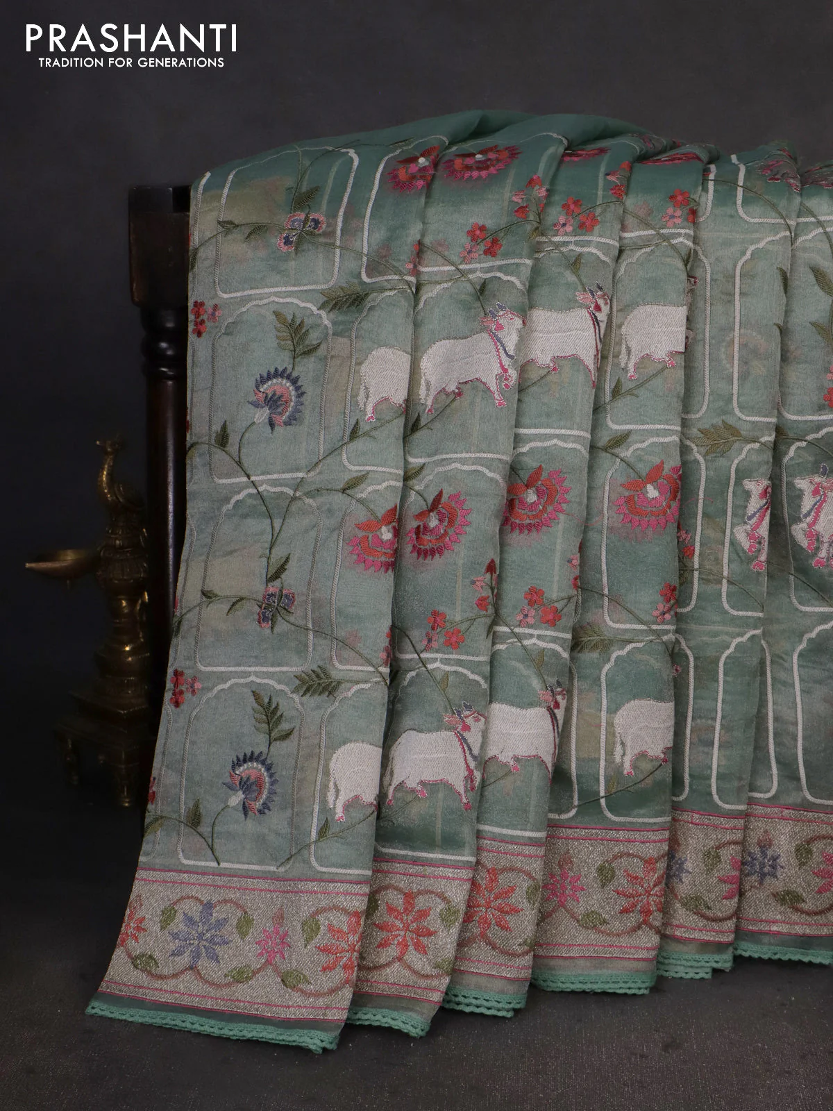 Pure tissue silk saree pista green shade with allover pichwai embroidery work and embroidery border - Image 2