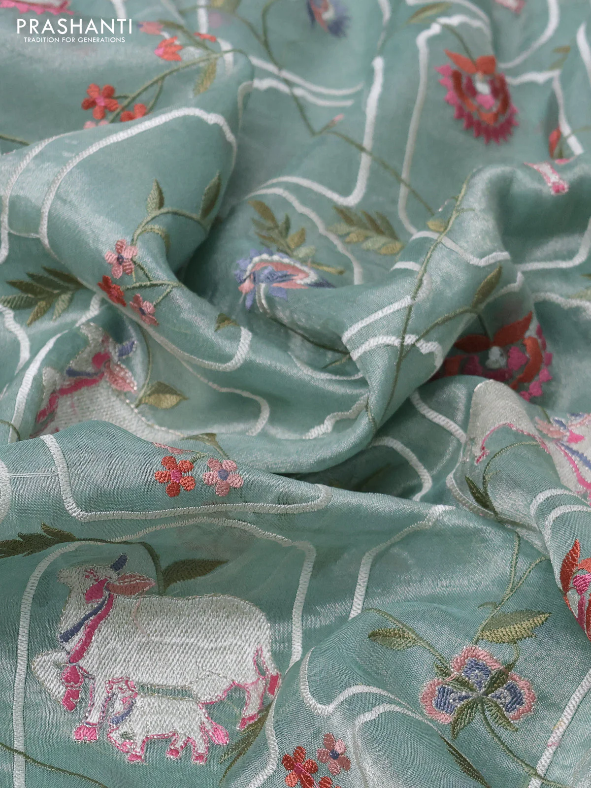 Pure tissue silk saree pista green shade with allover pichwai embroidery work and embroidery border - Image 3