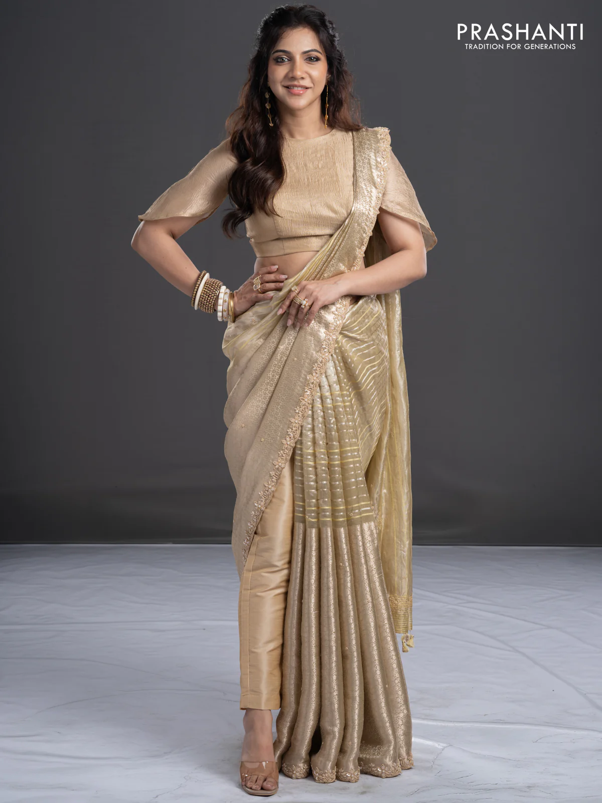 Pure tissue silk saree beige with Half & half style zari weaves and beaded work border - Image 3