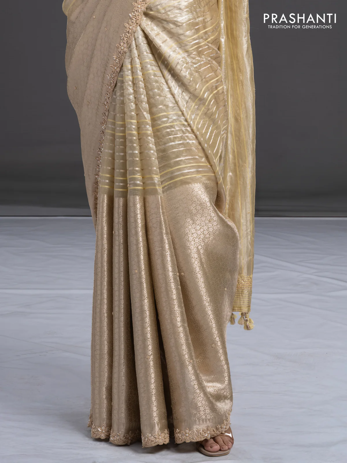 Pure tissue silk saree beige with Half & half style zari weaves and beaded work border - Image 4