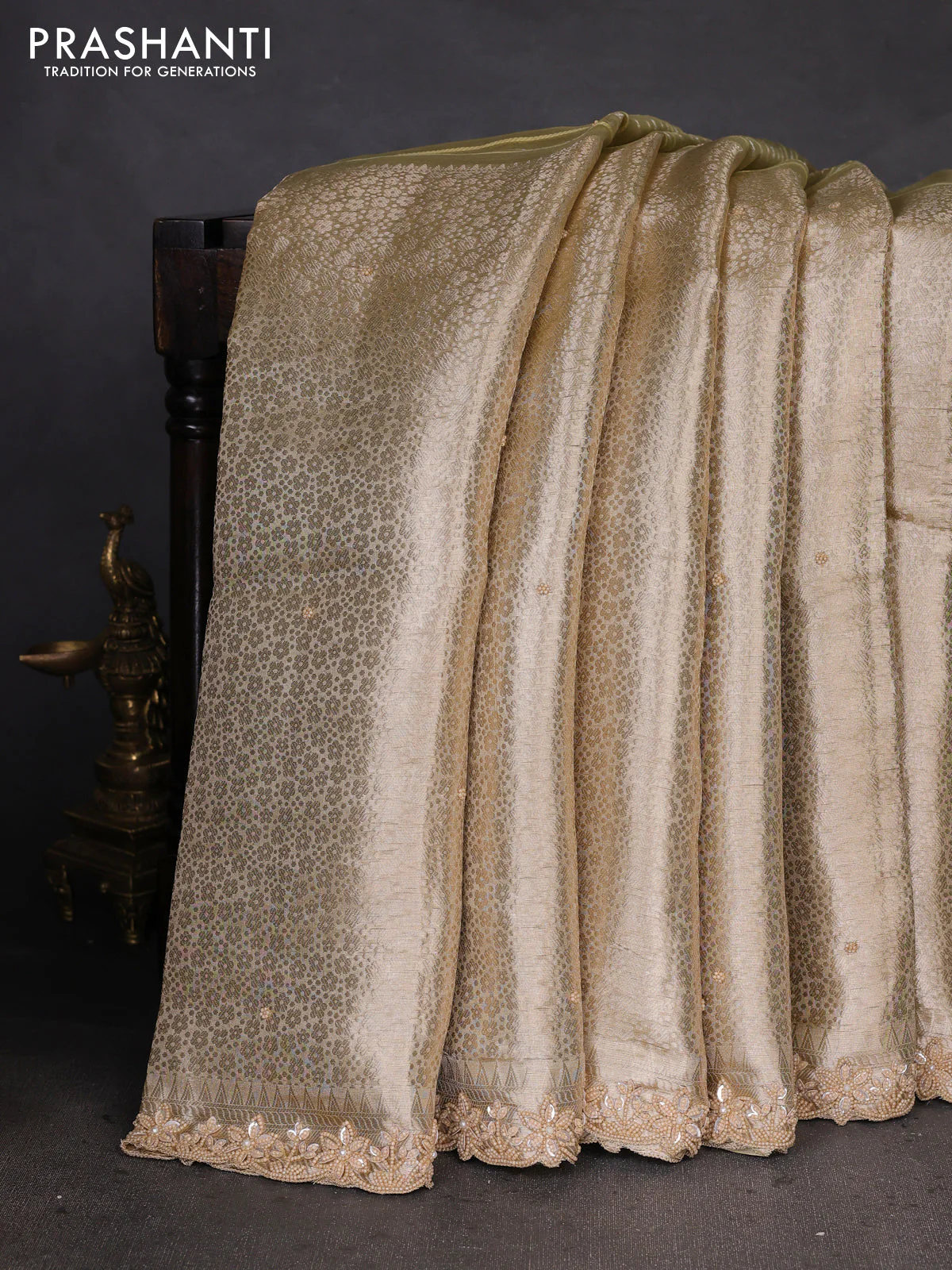 Pure tissue silk saree beige with Half & half style zari weaves and beaded work border - Image 5