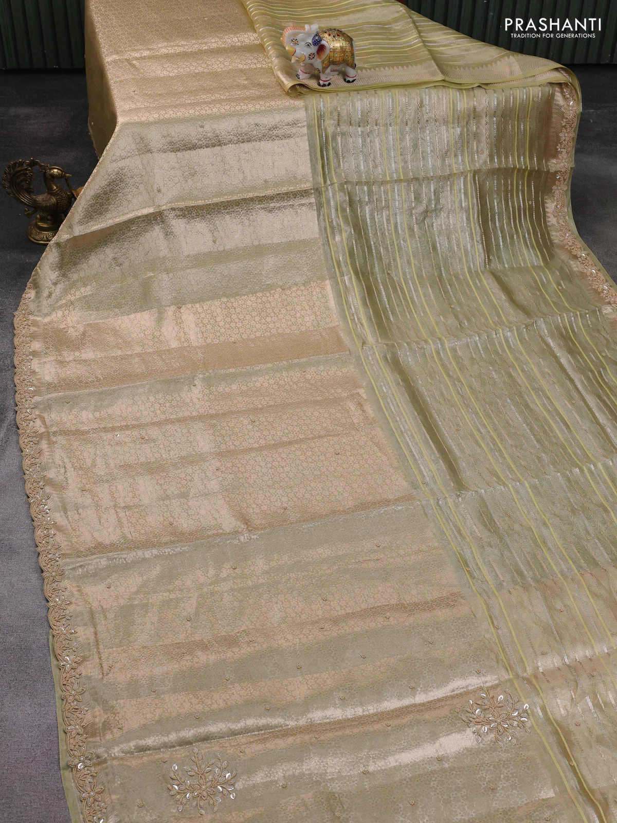 Pure tissue silk saree beige with Half & half style zari weaves and beaded work border - Image 6