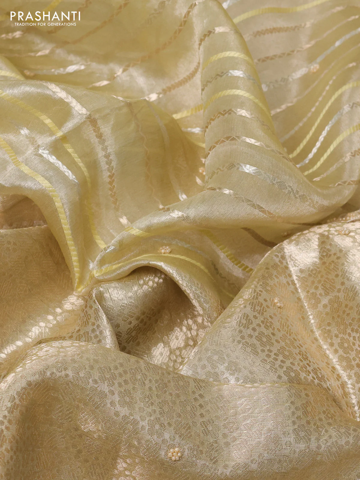 Pure tissue silk saree beige with Half & half style zari weaves and beaded work border - Image 7