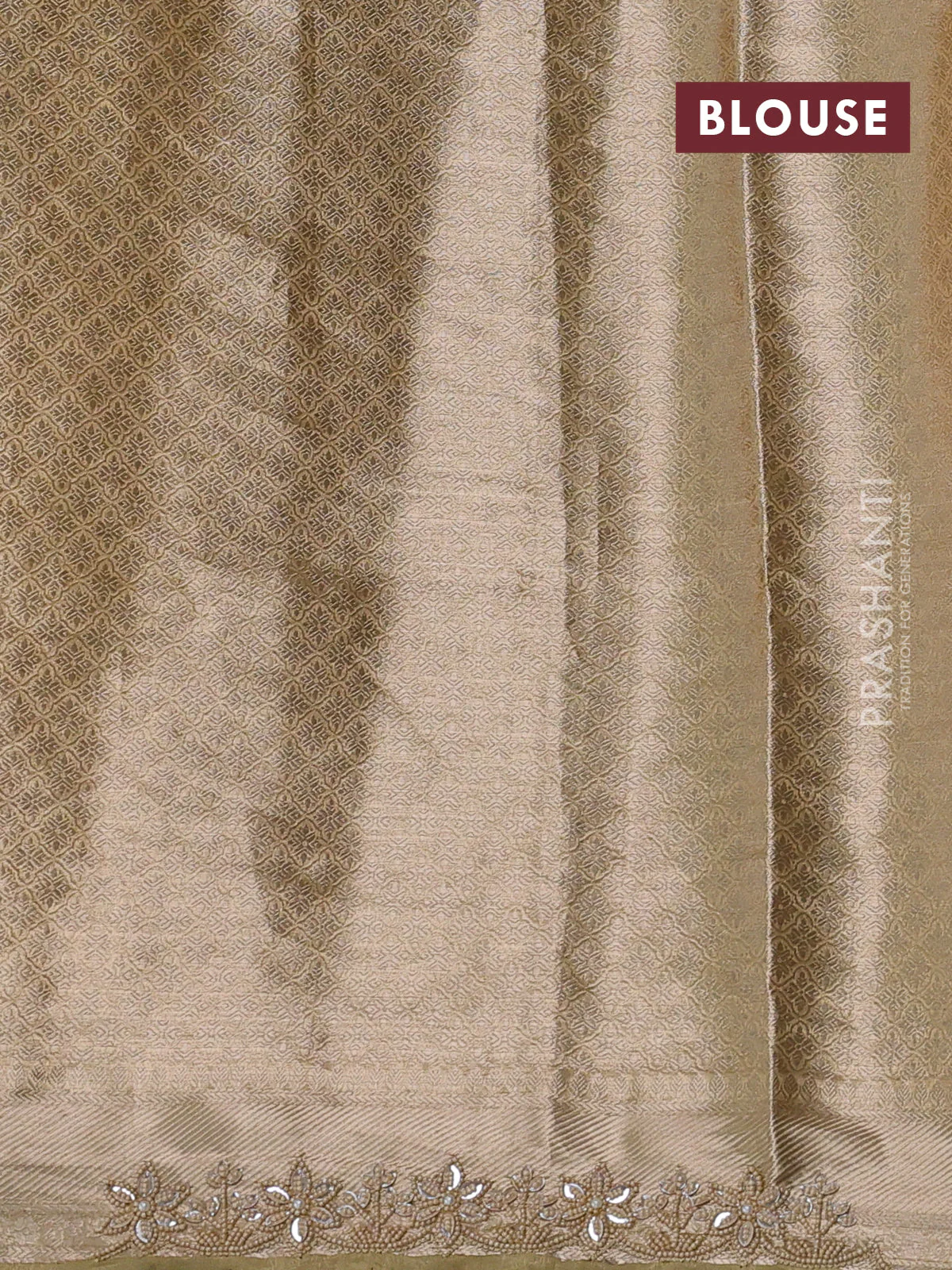 Pure tissue silk saree beige with Half & half style zari weaves and beaded work border - Image 8