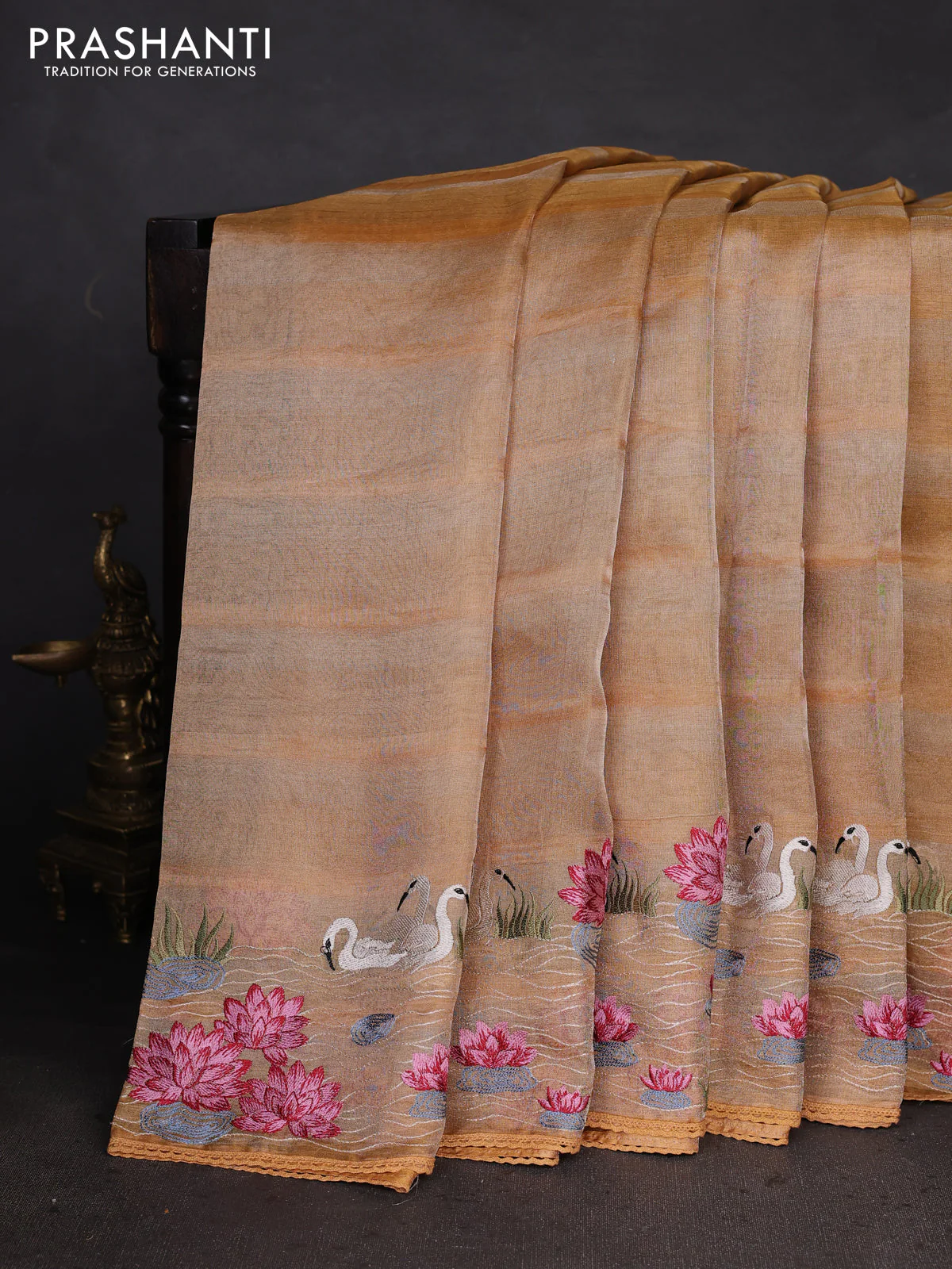 Pure tissue silk saree sandal with allover stripe pattern and embroidery border - Image 2