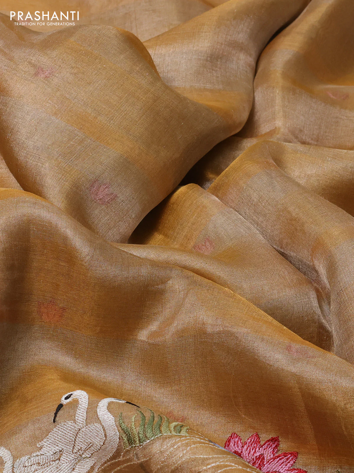 Pure tissue silk saree sandal with allover stripe pattern and embroidery border - Image 3