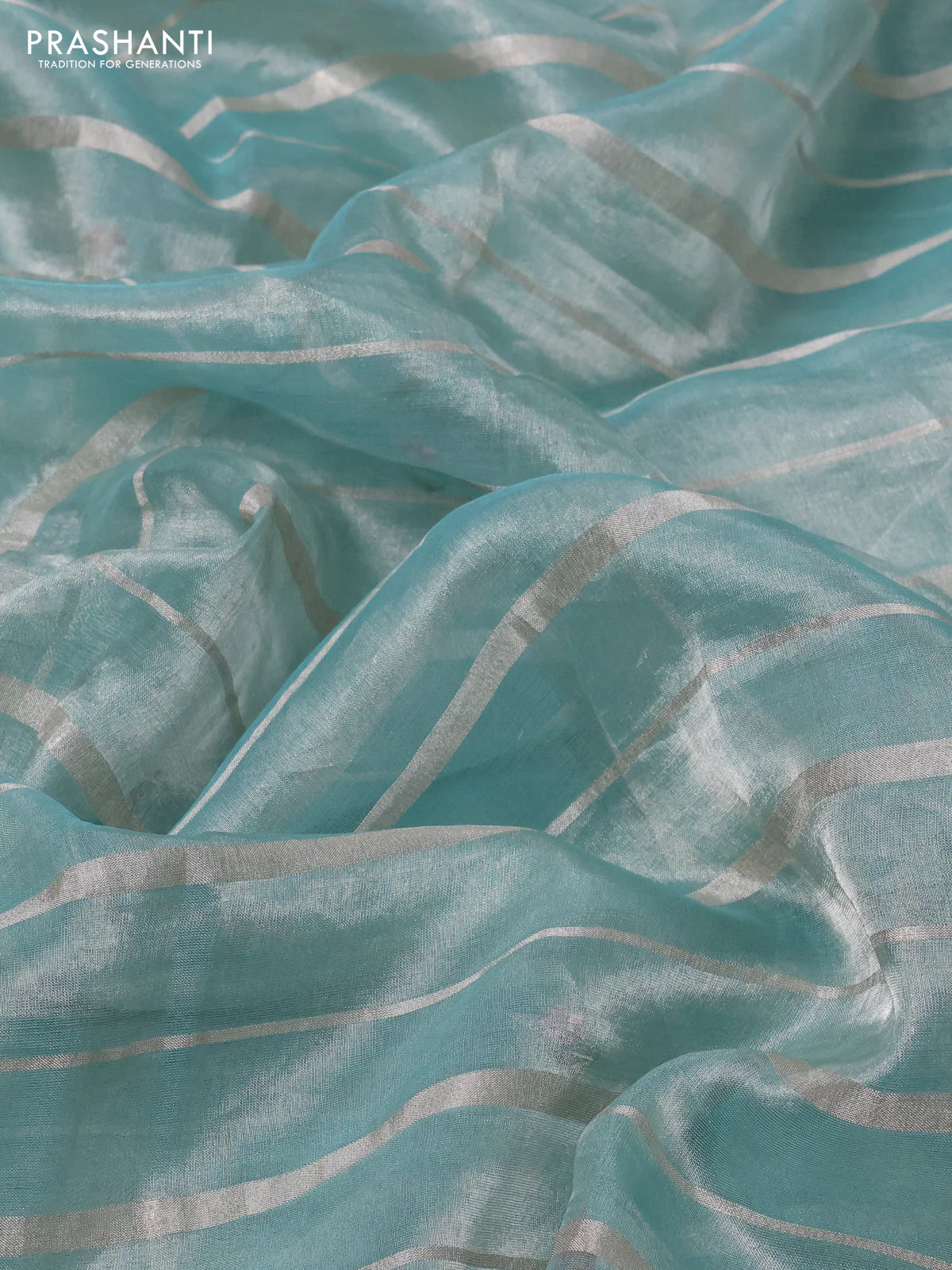 Pure tissue silk saree teal blue with allover silver zari strip pattern & beaded work and embroidery border - Image 3