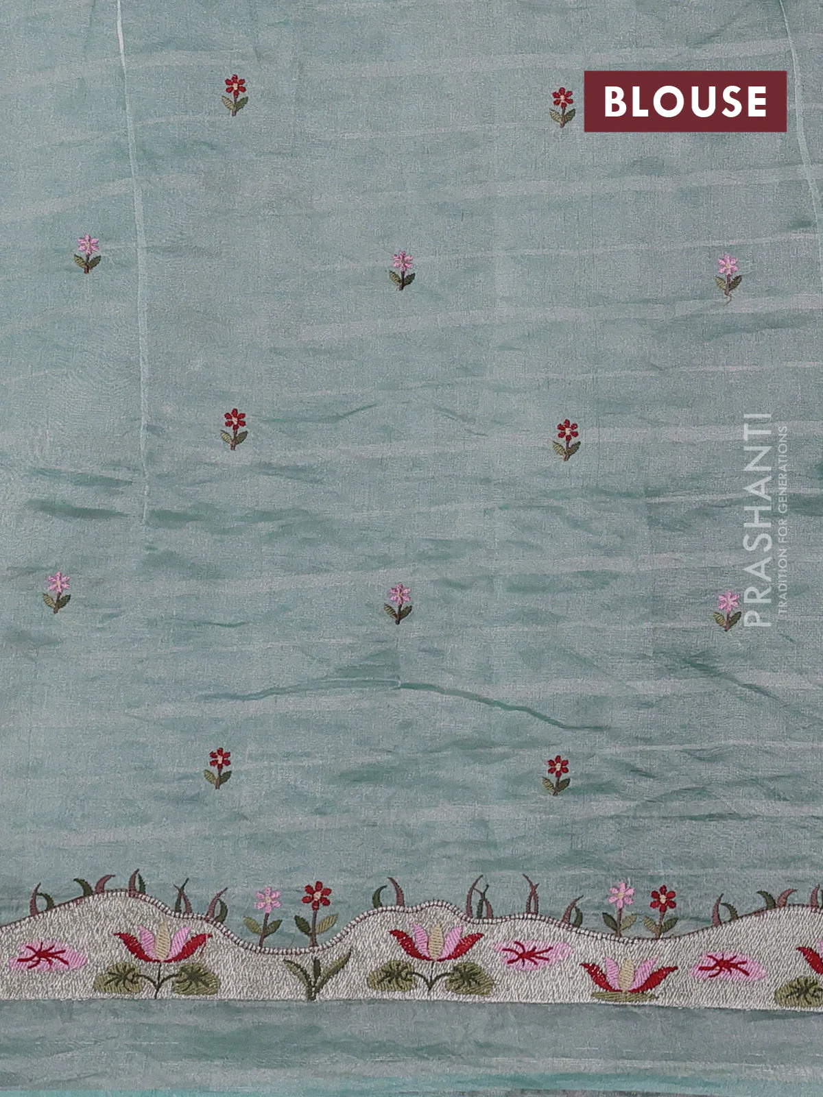 Pure tissue silk saree teal blue with allover silver zari strip pattern & beaded work and embroidery border - Image 4