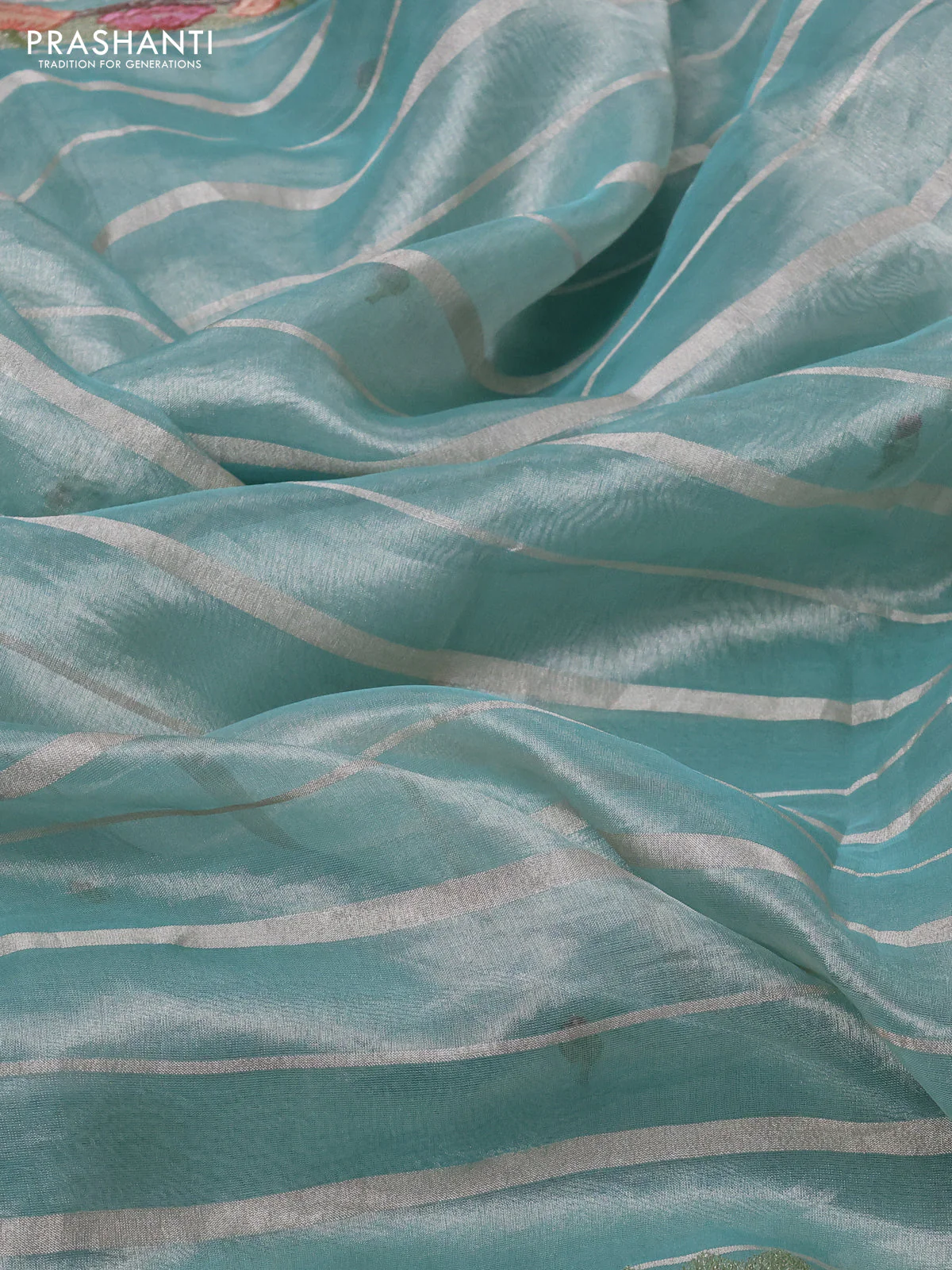 Pure tissue silk saree teal blue with allover silver zari strip pattern & beaded work and pichwai embroidery border - Image 3