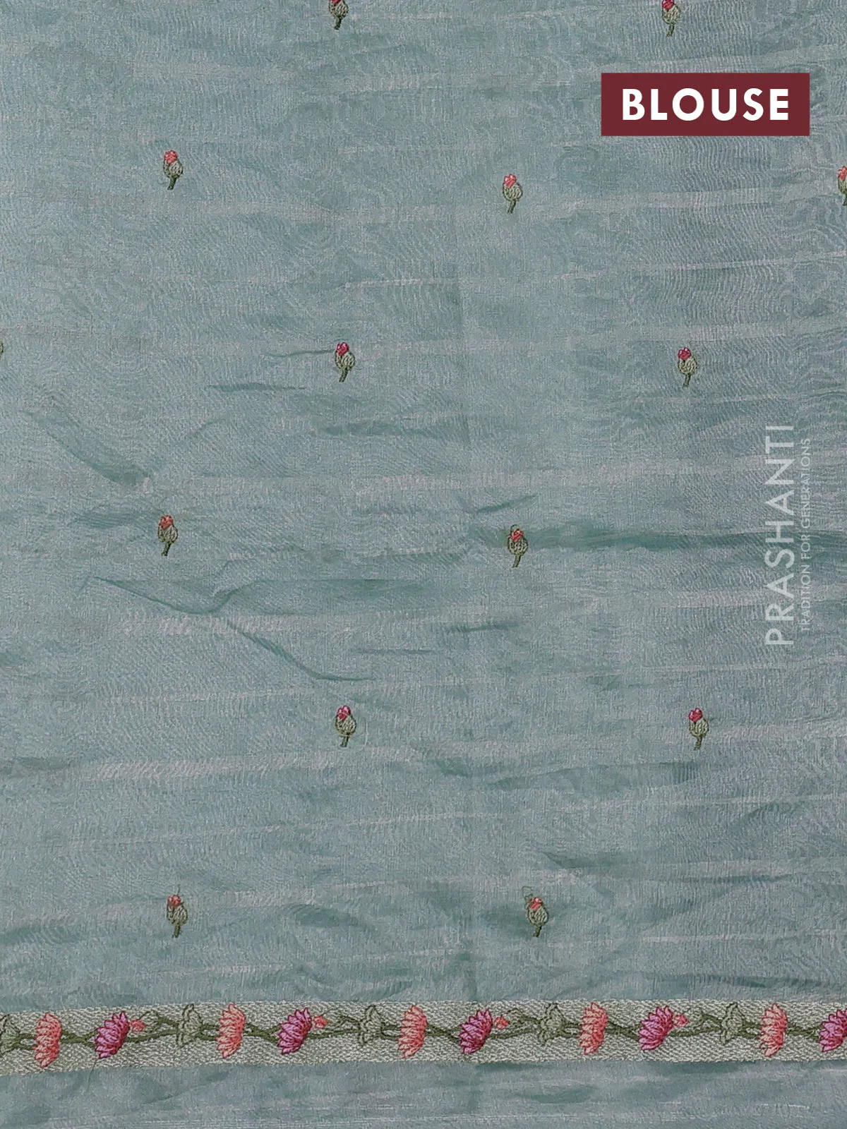 Pure tissue silk saree teal blue with allover silver zari strip pattern & beaded work and pichwai embroidery border - Image 4