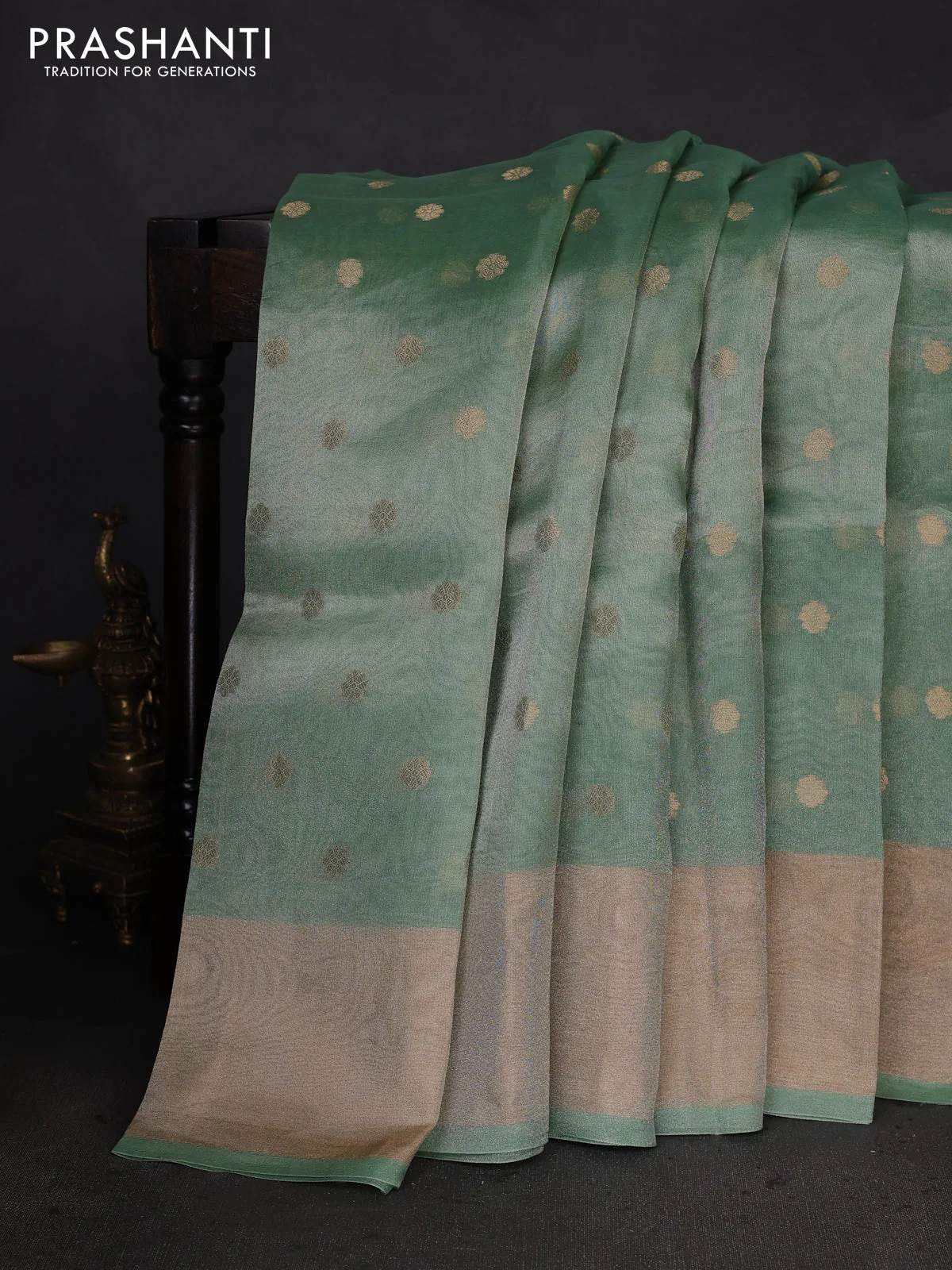 Pure tissue silk saree teal green shade with allover zari woven buttas and zari woven border - Image 2