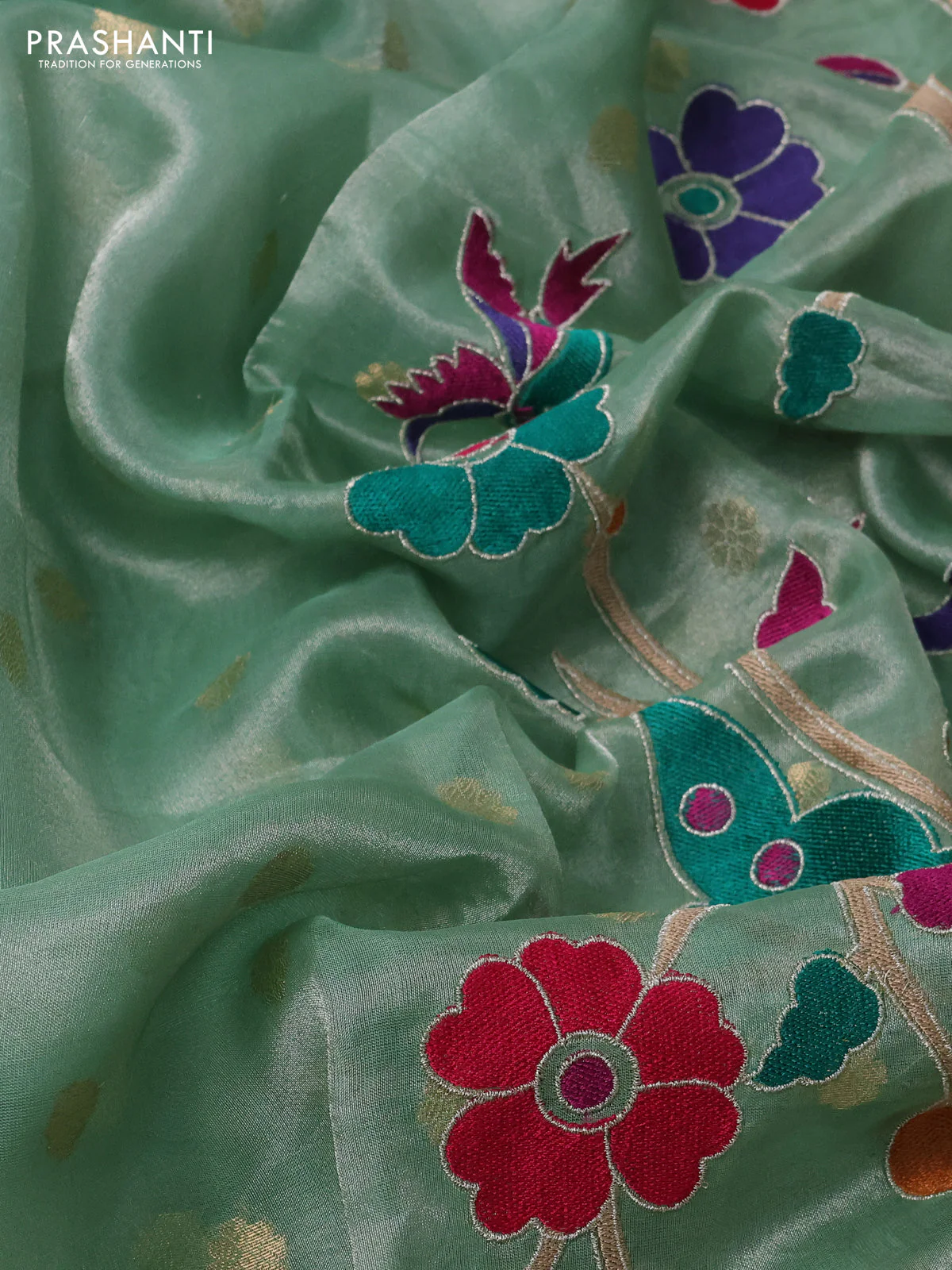 Pure tissue silk saree teal green shade with allover zari woven buttas and zari woven border - Image 3