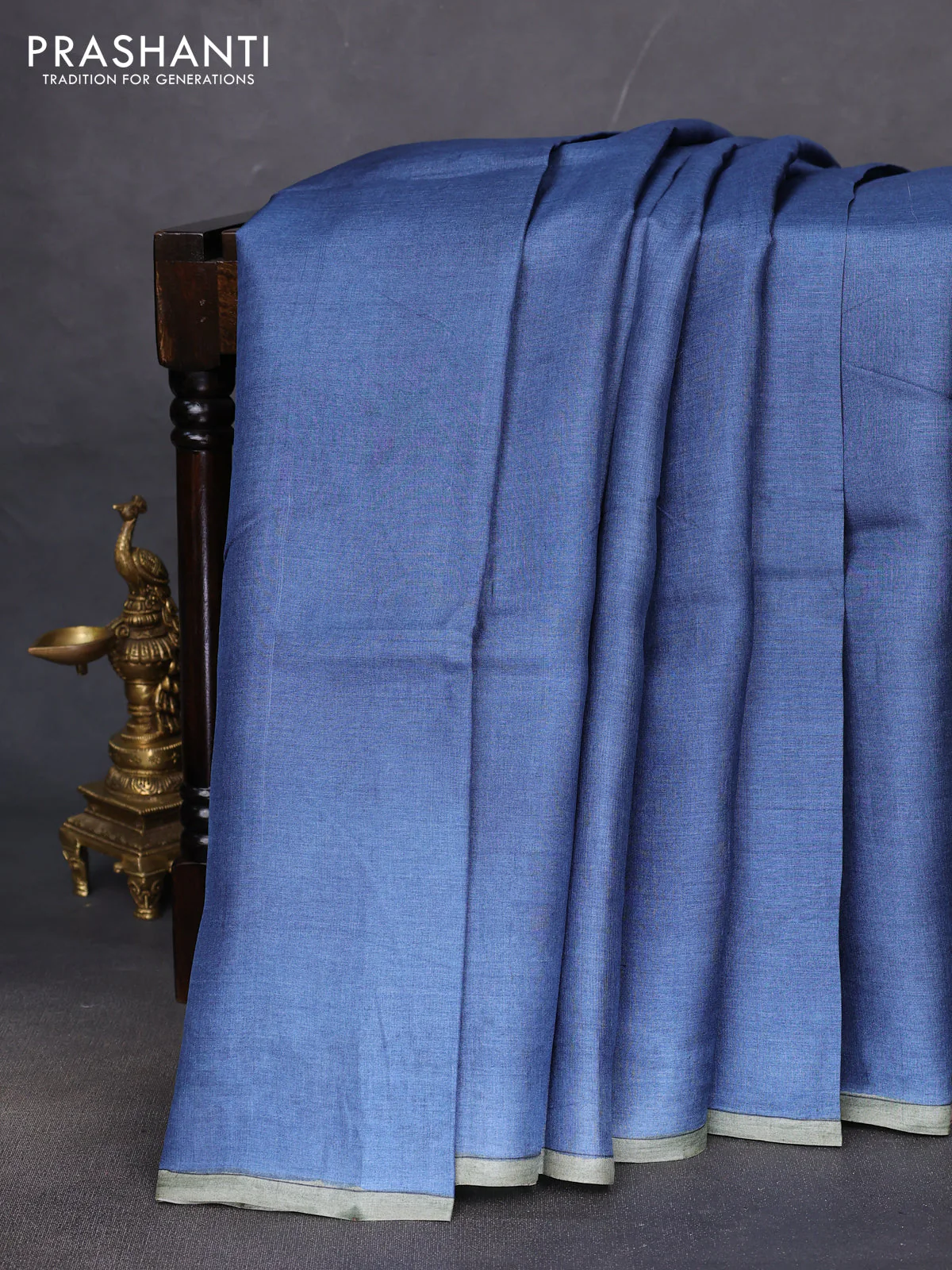 Pure tussar partly silk saree blue and mustard yellow with plain body and kalamkari hand painted prints - Image 2