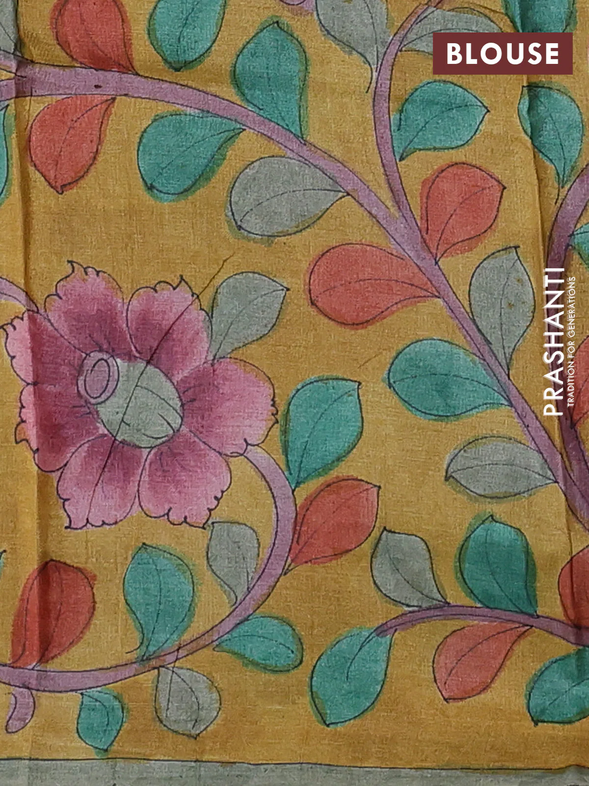 Pure tussar partly silk saree blue and mustard yellow with plain body and kalamkari hand painted prints - Image 3