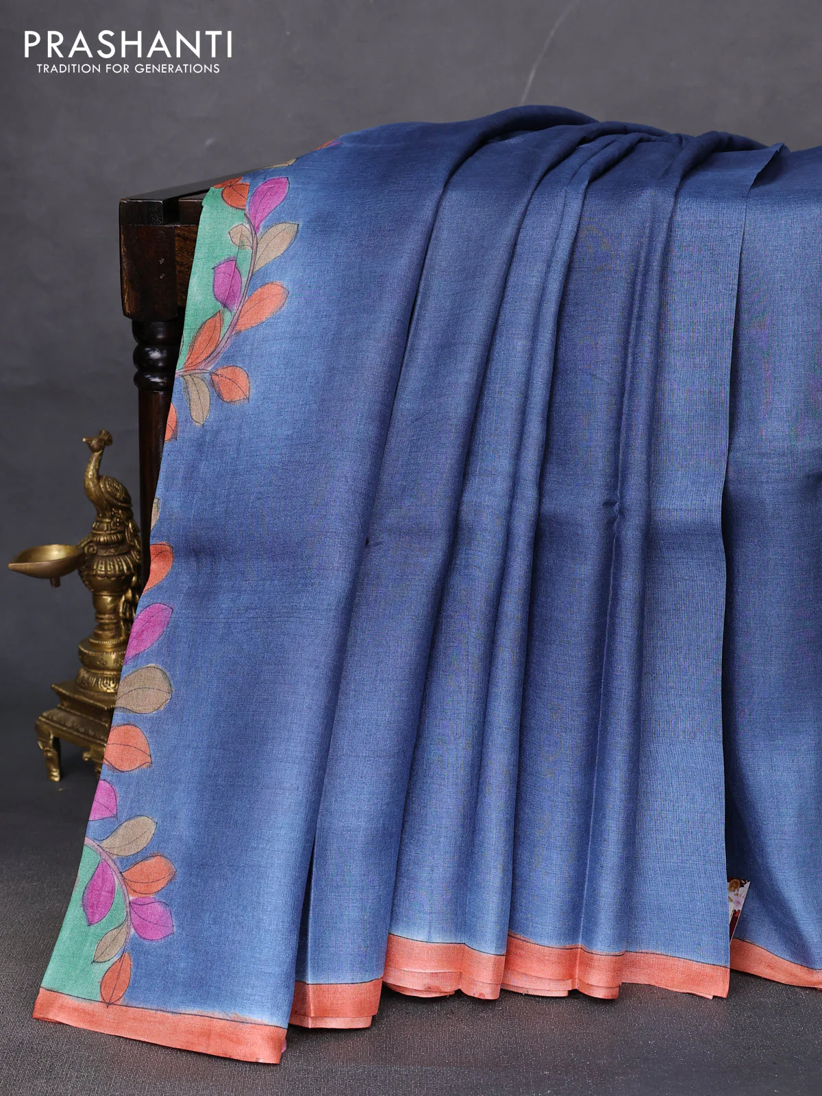 Pure tussar partly silk saree blue shade and pastel green with plain body and kalamkari hand painted prints - Image 2
