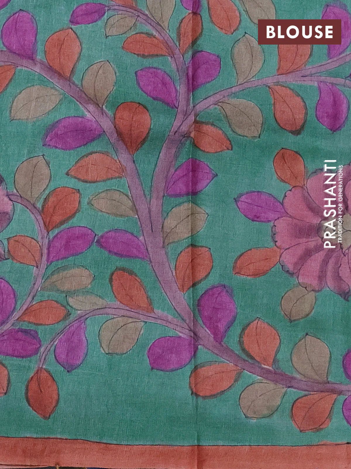 Pure tussar partly silk saree blue shade and pastel green with plain body and kalamkari hand painted prints - Image 3