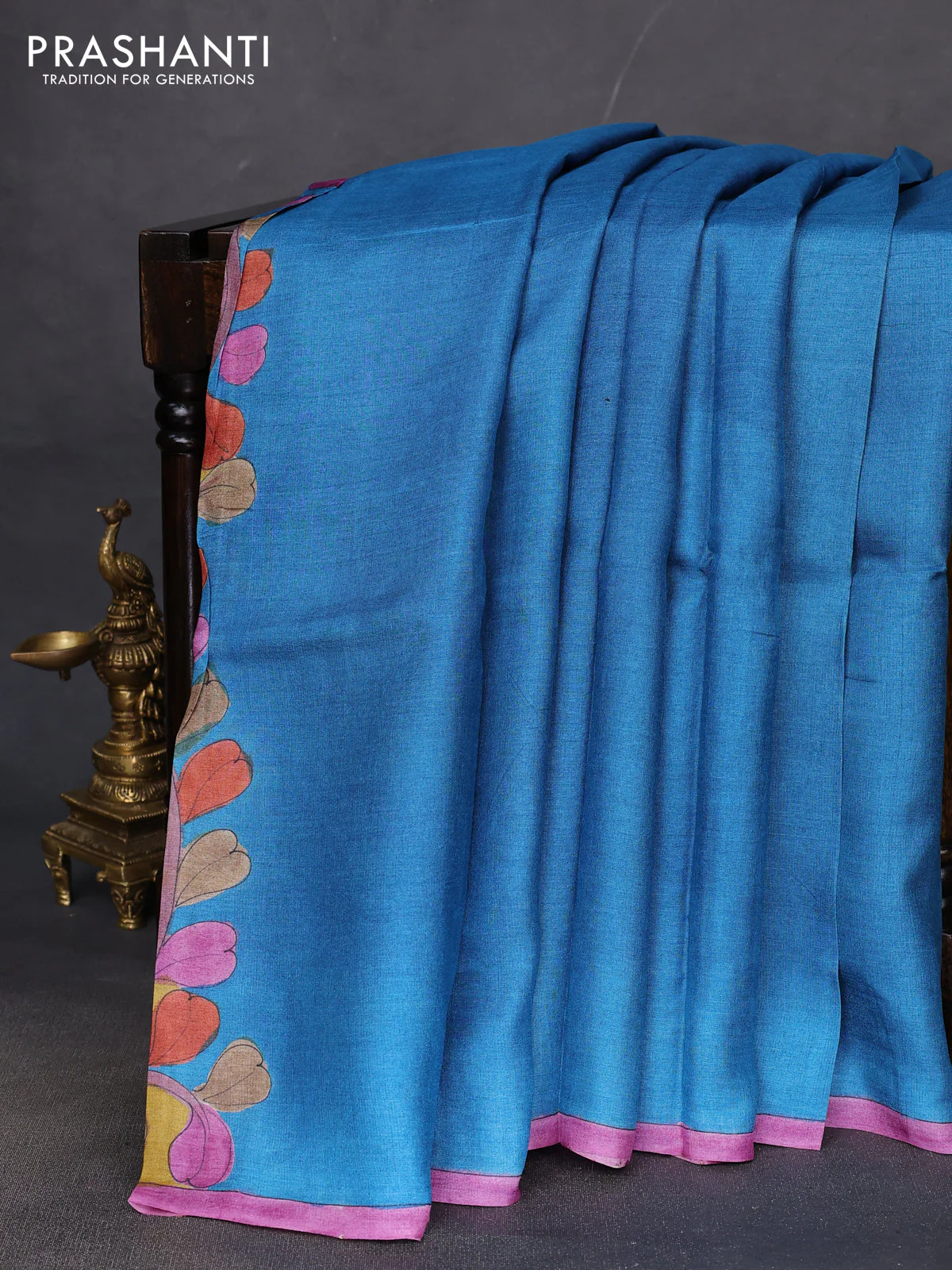 Pure tussar partly silk saree cs blue and mustard yellow with plain body and kalamkari hand painted prints - Image 2