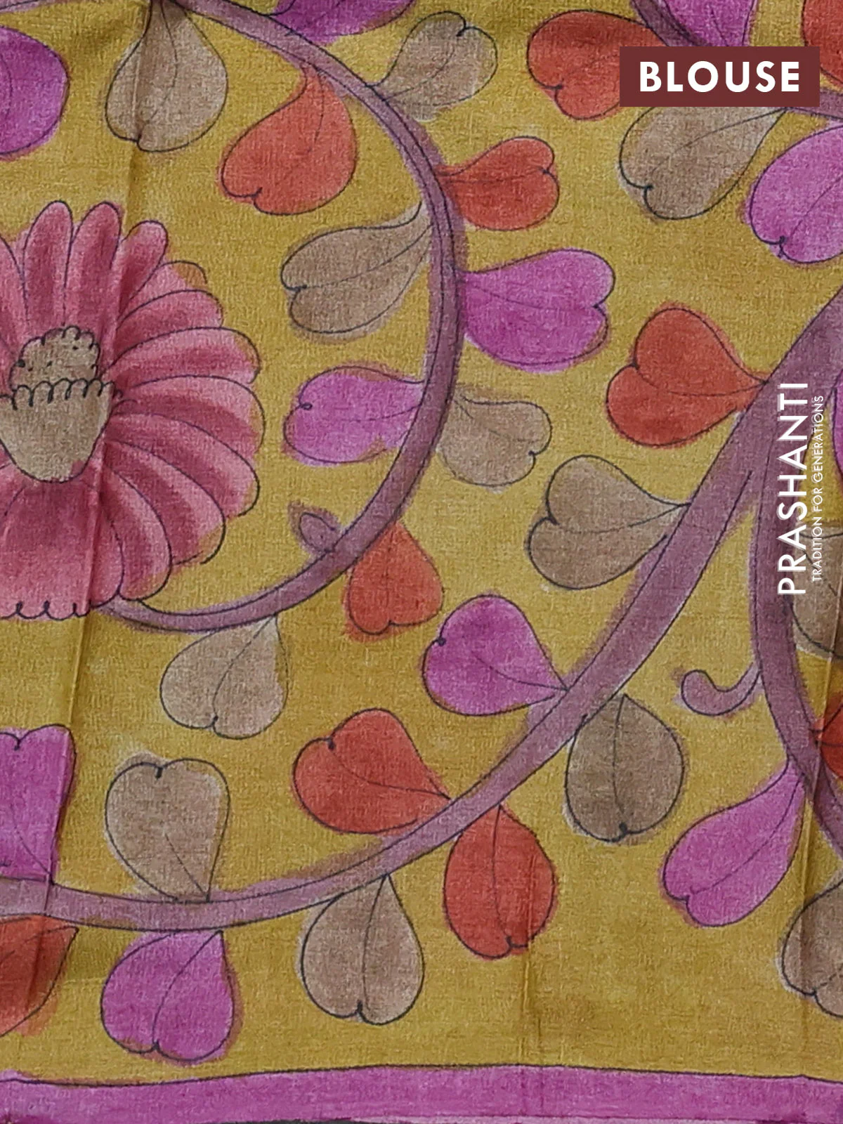 Pure tussar partly silk saree cs blue and mustard yellow with plain body and kalamkari hand painted prints - Image 3