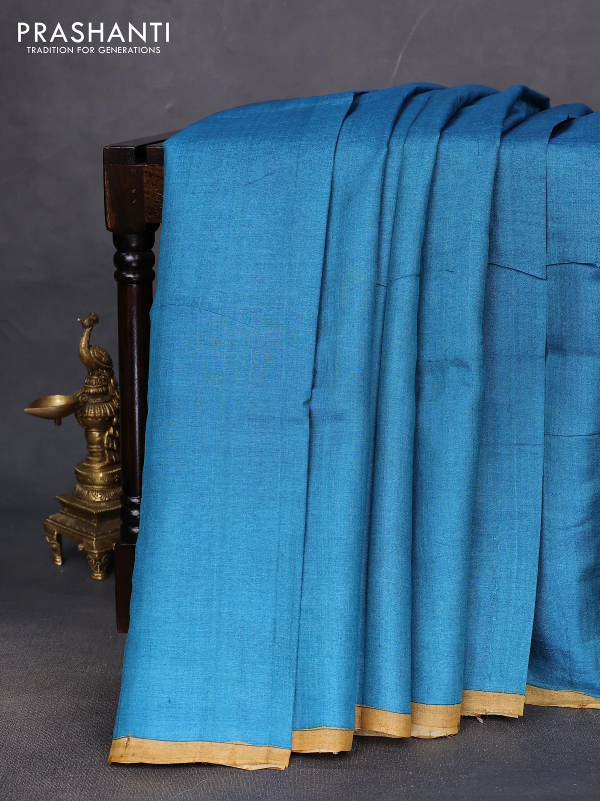 Pure tussar partly silk saree cs blue and purple shade with plain body and kalamkari hand painted prints - Image 2