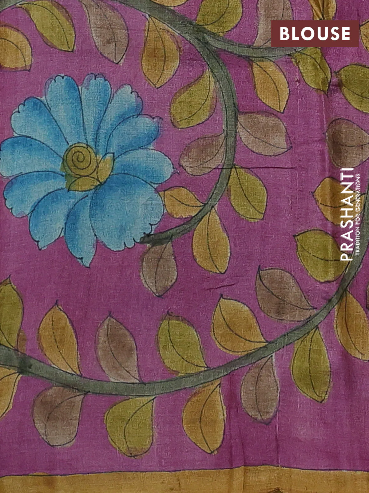Pure tussar partly silk saree cs blue and purple shade with plain body and kalamkari hand painted prints - Image 3