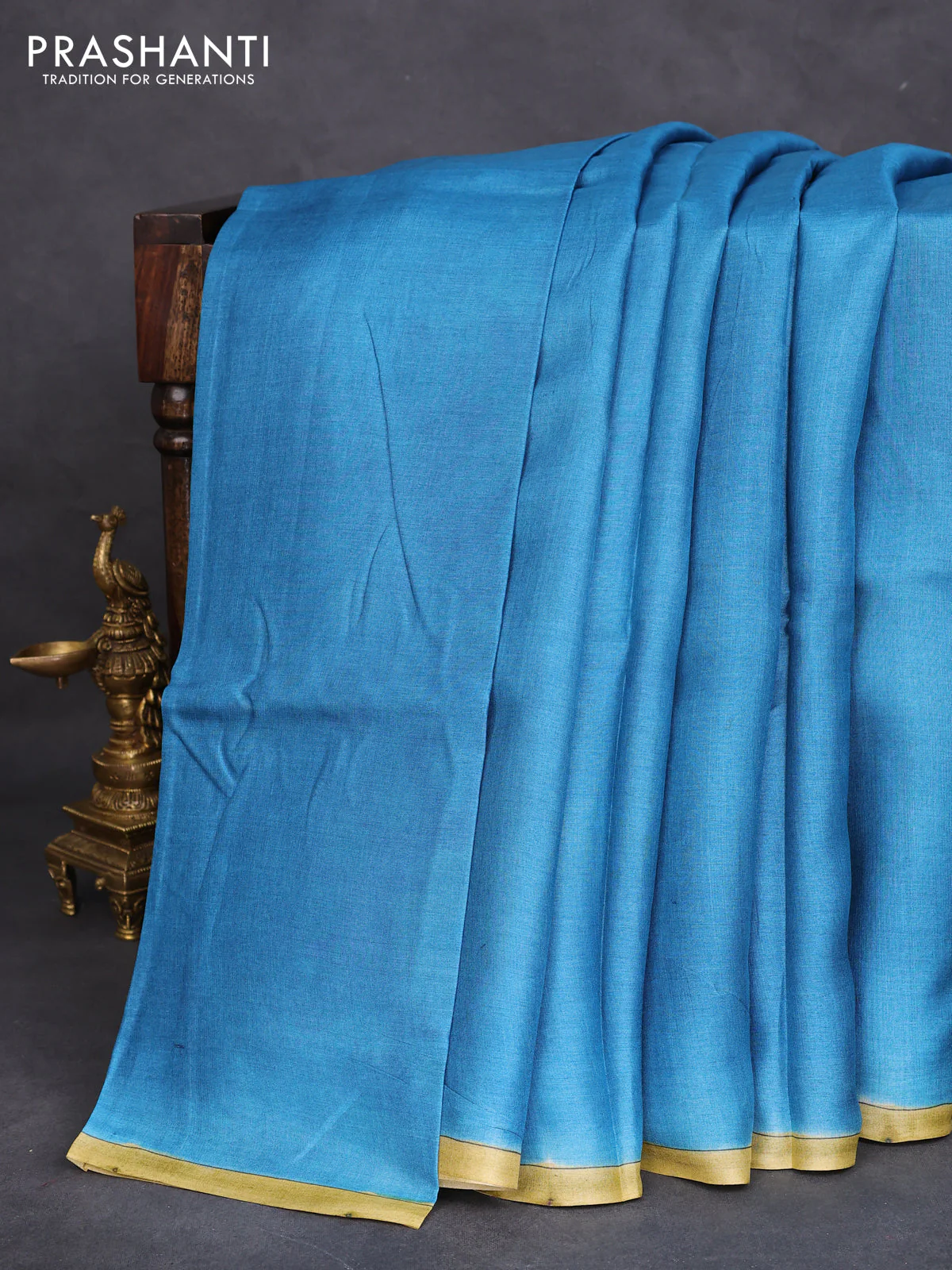 Pure tussar partly silk saree cs blue and purple shade with plain body and kalamkari hand painted prints - Image 2