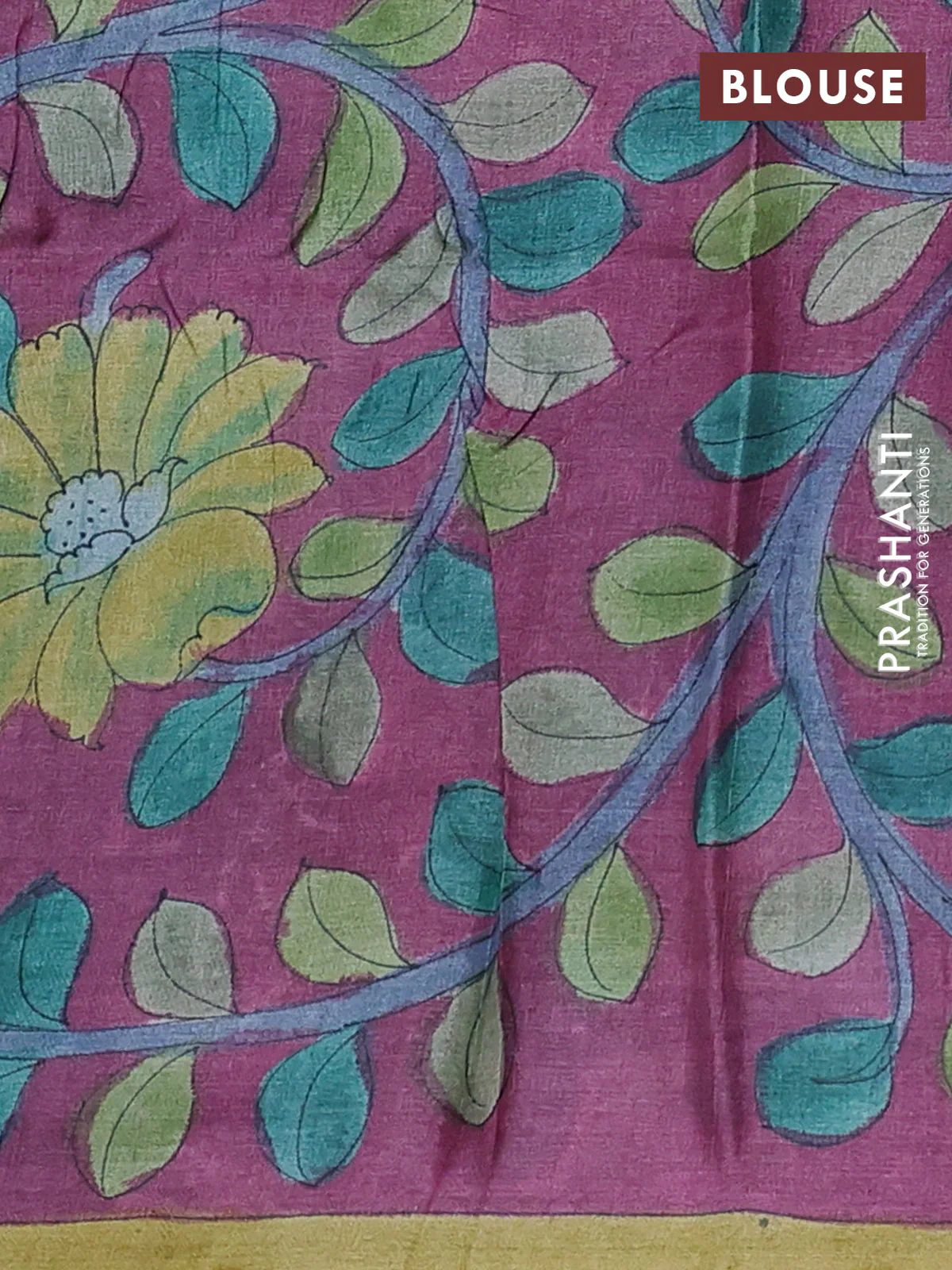 Pure tussar partly silk saree cs blue and purple shade with plain body and kalamkari hand painted prints - Image 3