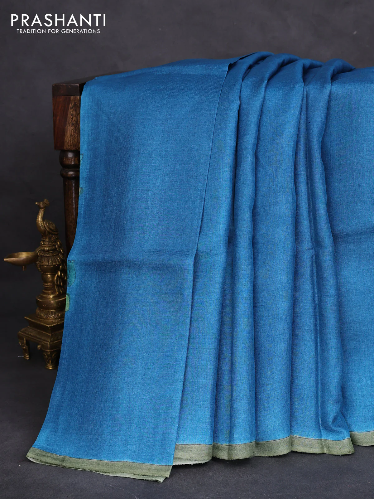 Pure tussar partly silk saree cs blue and rustic orange with plain body and kalamkari hand painted prints - Image 2