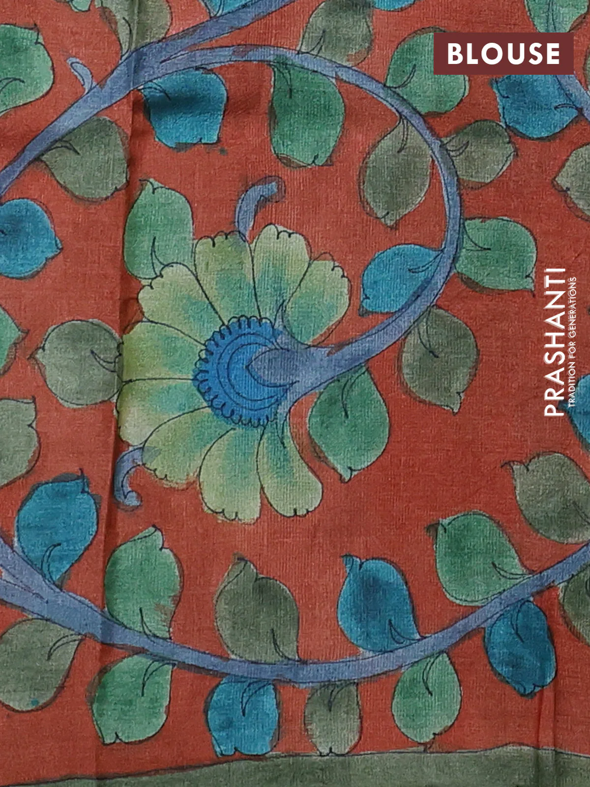 Pure tussar partly silk saree cs blue and rustic orange with plain body and kalamkari hand painted prints - Image 3