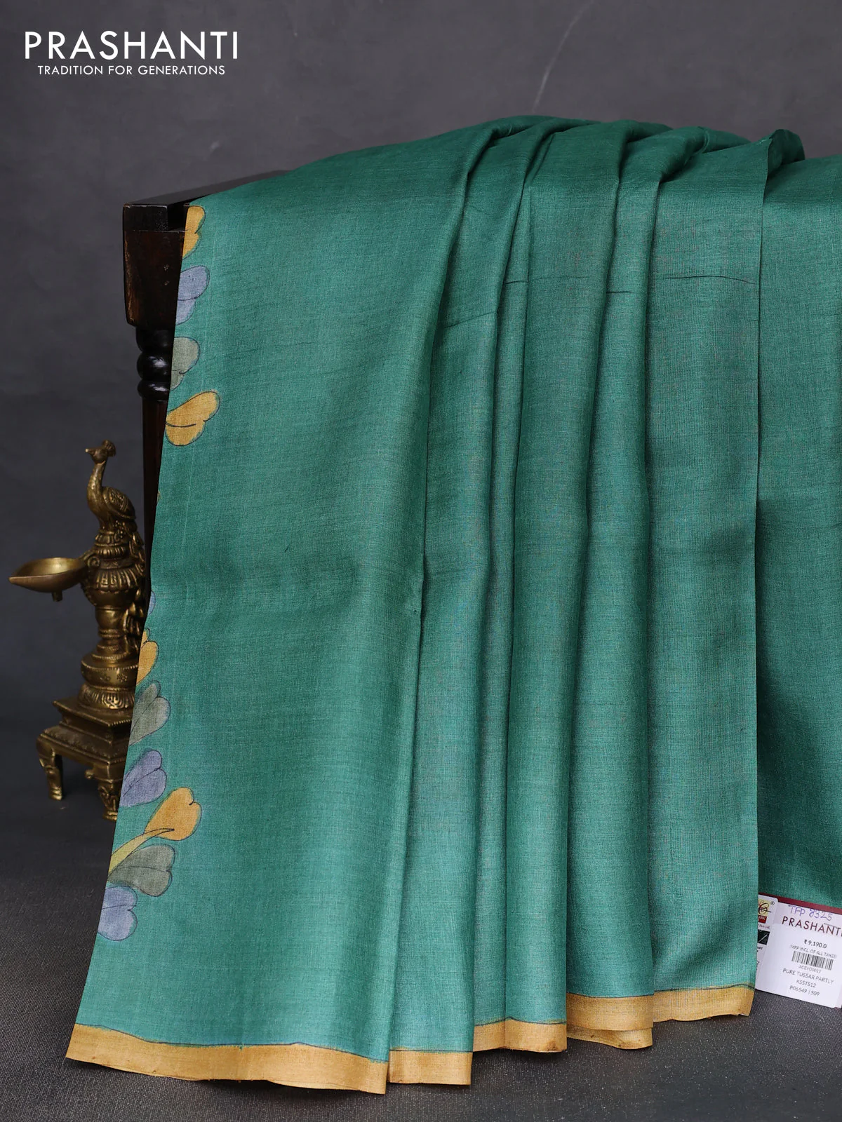 Pure tussar partly silk saree green and peach orange with plain body and kalamkari hand painted prints - Image 2