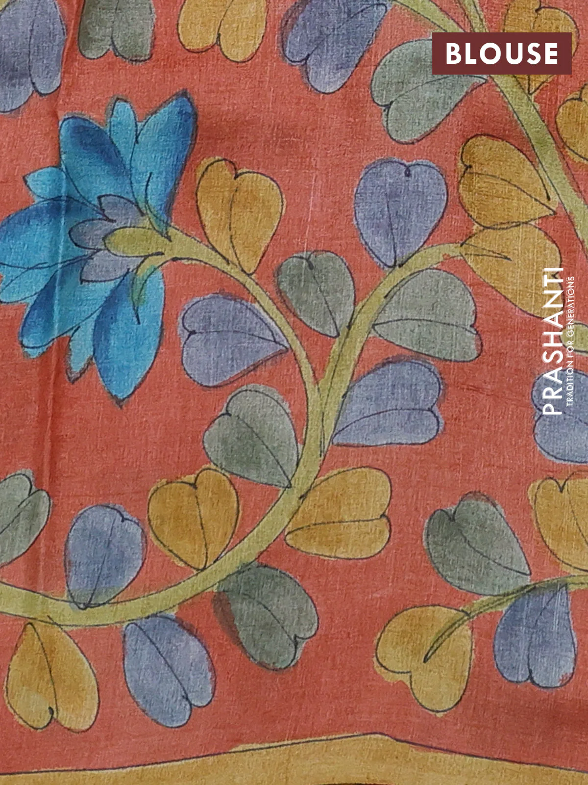 Pure tussar partly silk saree green and peach orange with plain body and kalamkari hand painted prints - Image 3