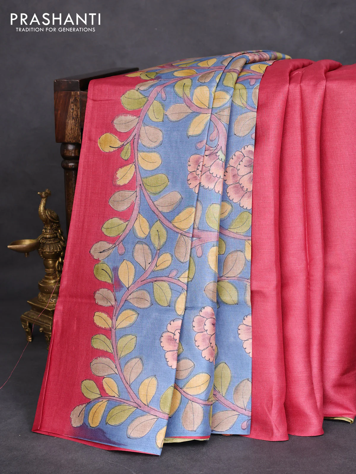 Pure tussar partly silk saree pink shade and pastel blue with plain body and kalamkari hand painted prints - Image 2