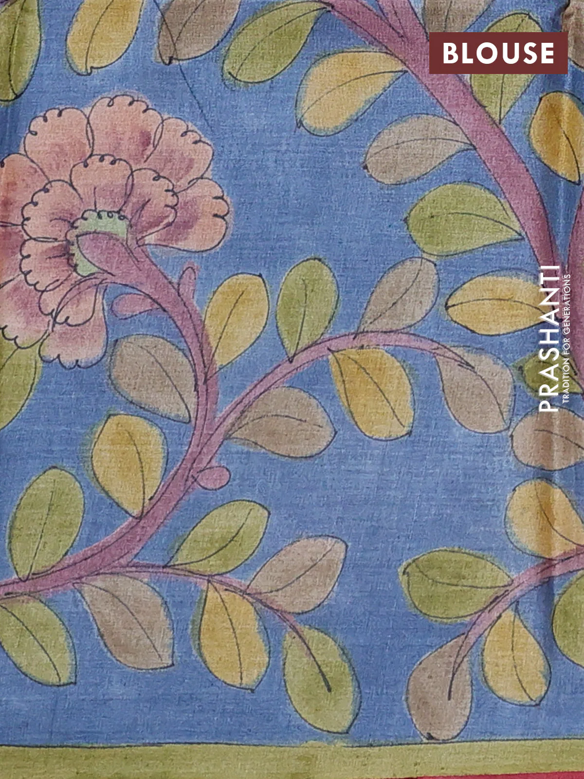 Pure tussar partly silk saree pink shade and pastel blue with plain body and kalamkari hand painted prints - Image 3