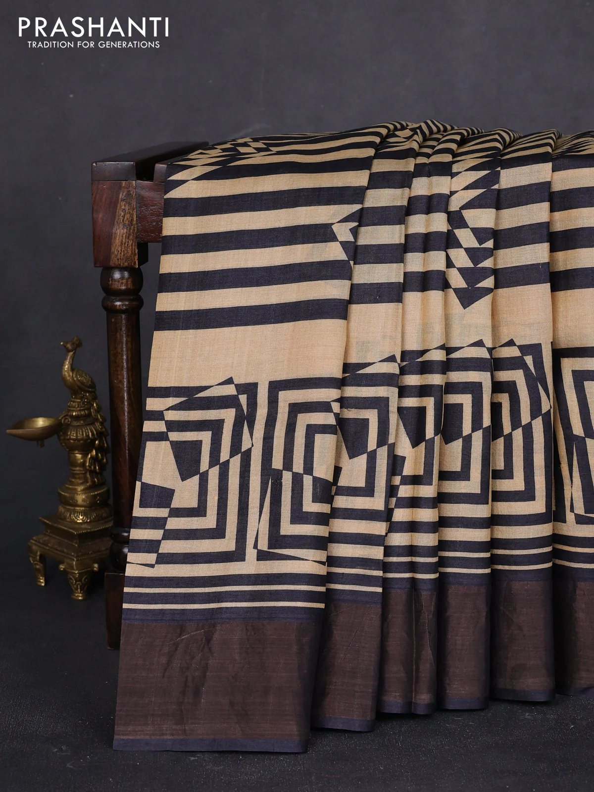 Pure tussar saree beige and black with allover prints and zari woven border