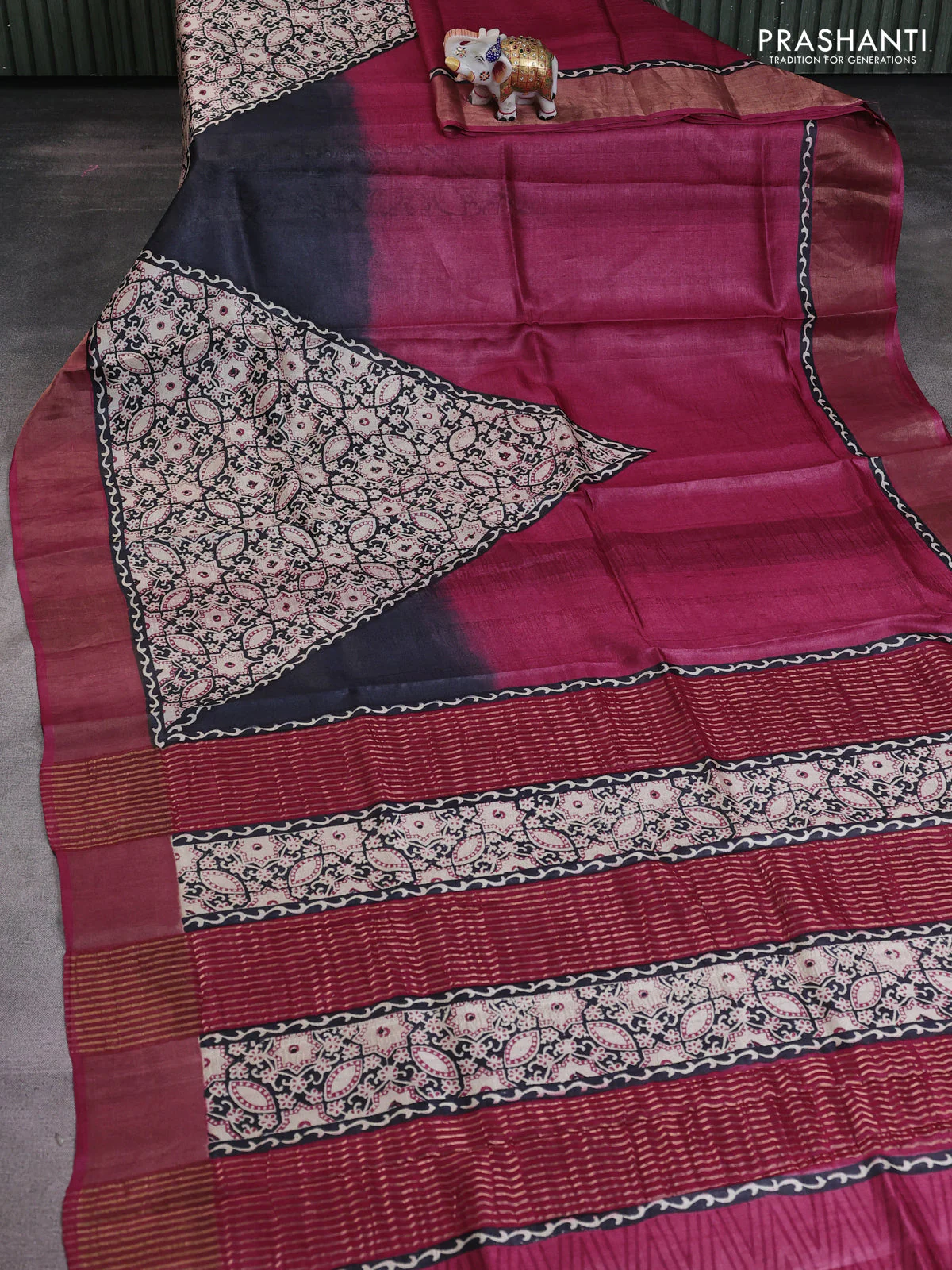 Pure tussar saree beige and maroon with allover ajrakh prints and zari woven border - Image 2