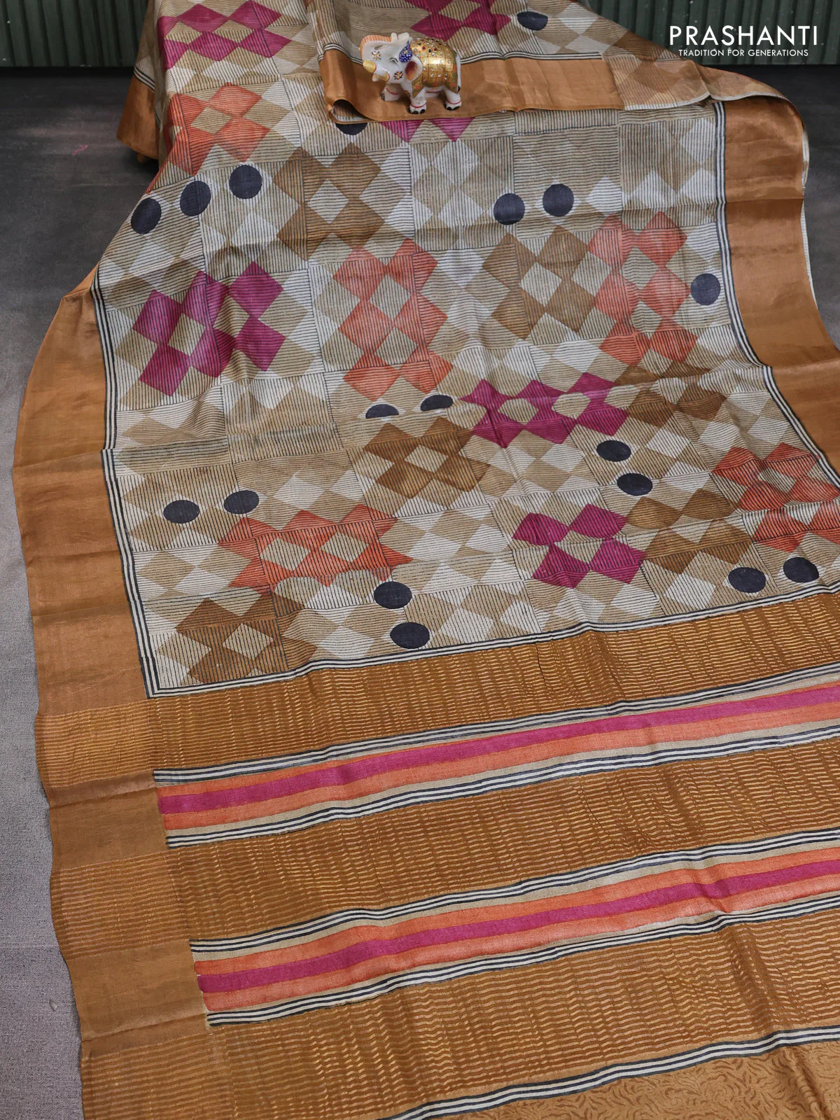 Pure tussar saree beige and sandal with allover geomatric prints and zari woven border - Image 2