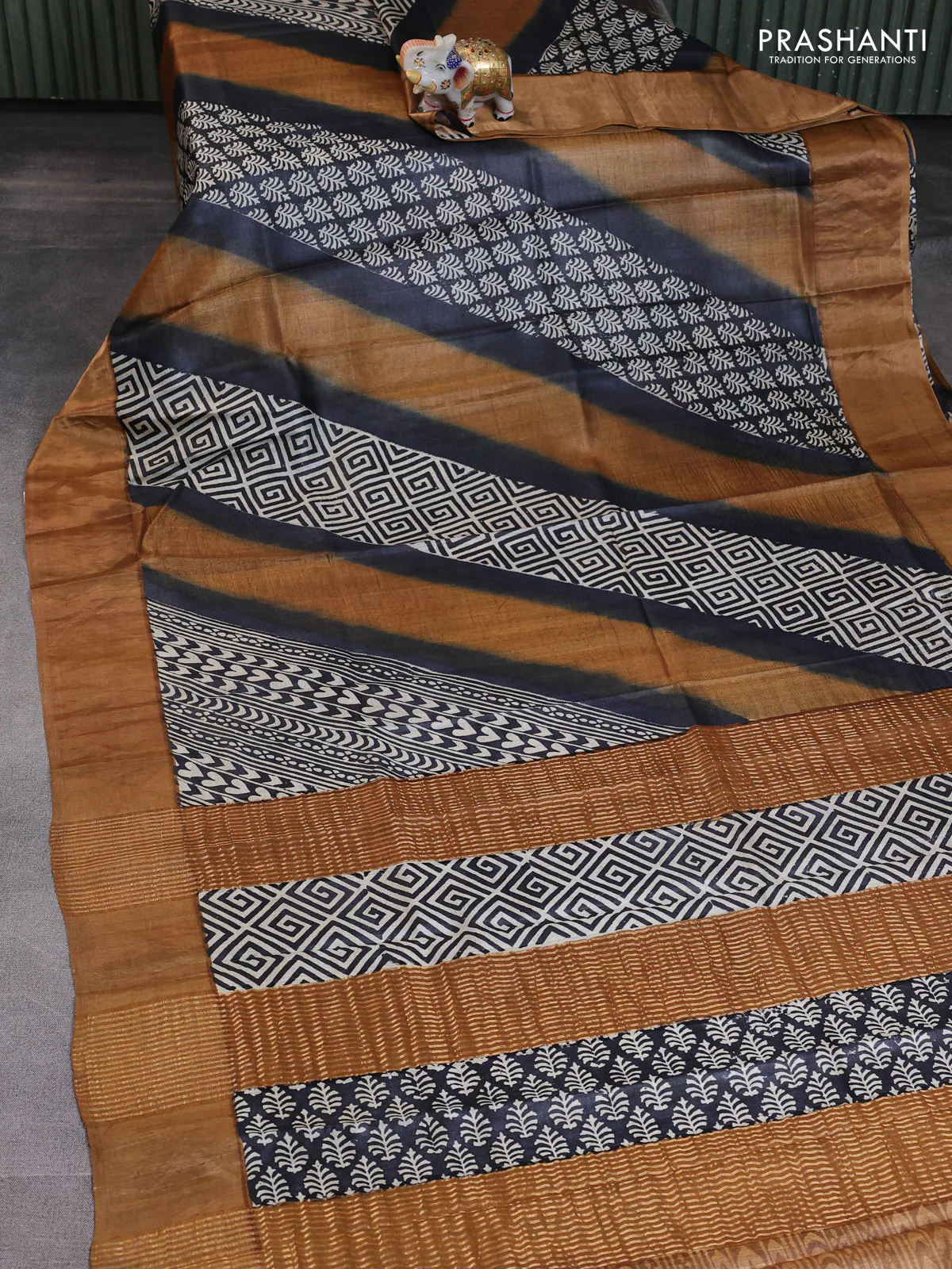 Pure tussar saree black and sandal with allover prints and zari woven border - Image 2