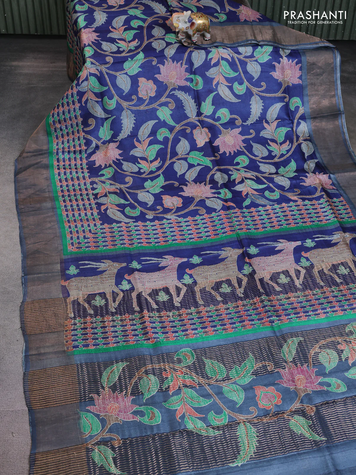 Pure tussar saree blue with allover prints and zari woven border - Image 2